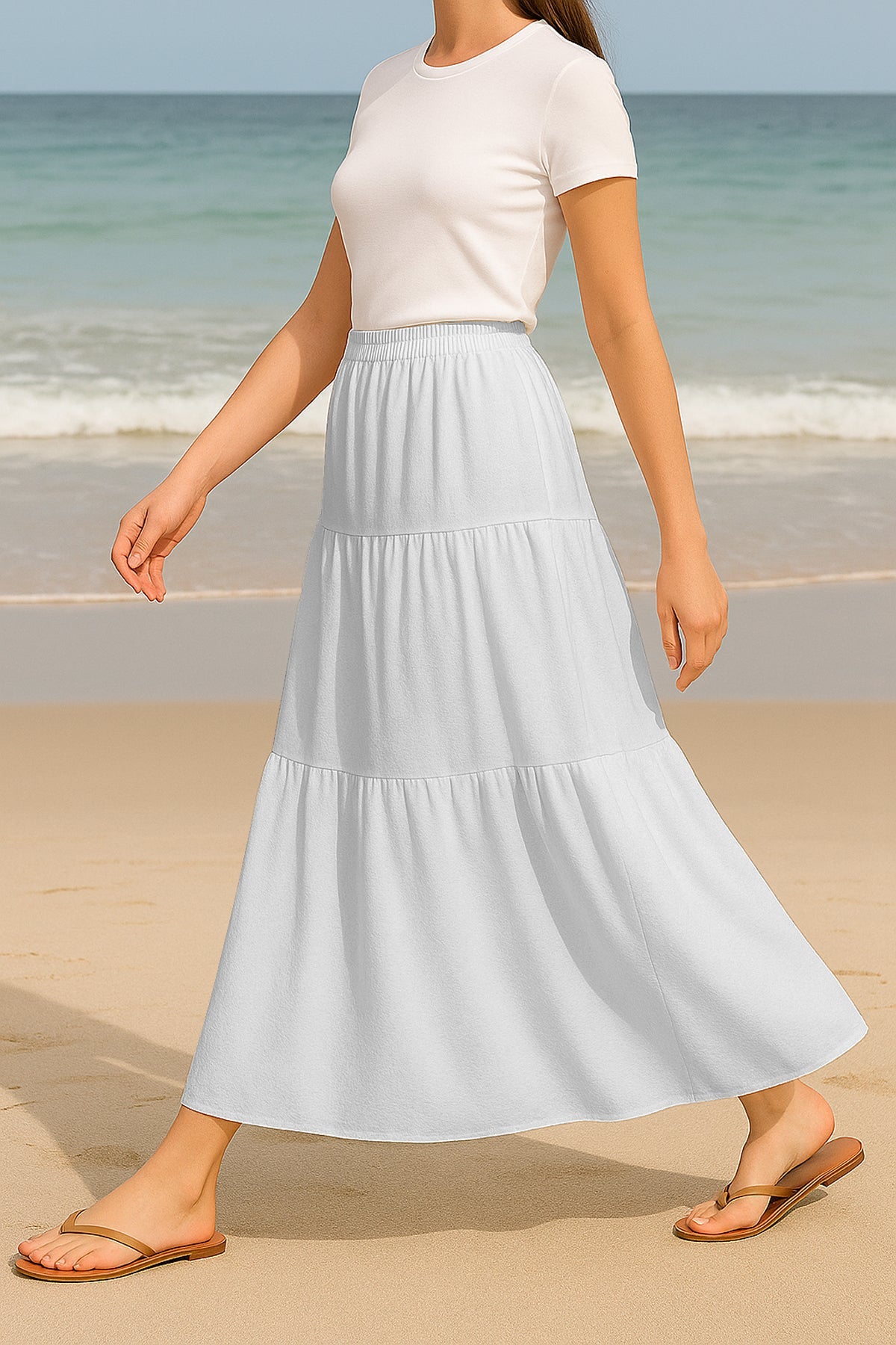 Moomaya Women's Elastic Waist Skirt | Solid Bohemian Style Rayon Maxi with Side Pockets | Tiered Flowy Skirt with Pockets