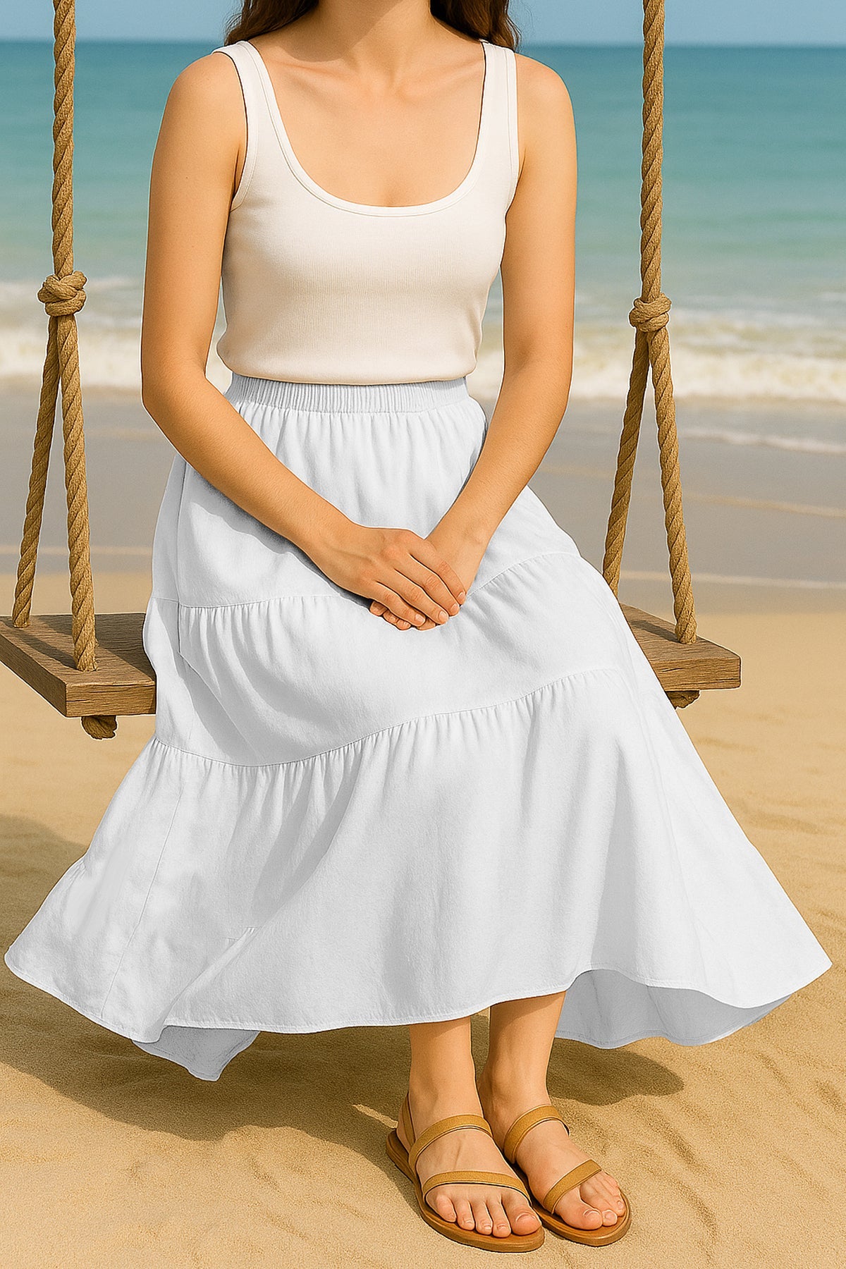 Moomaya Women's Elastic Waist Skirt | Solid Bohemian Style Rayon Maxi with Side Pockets | Tiered Flowy Skirt with Pockets