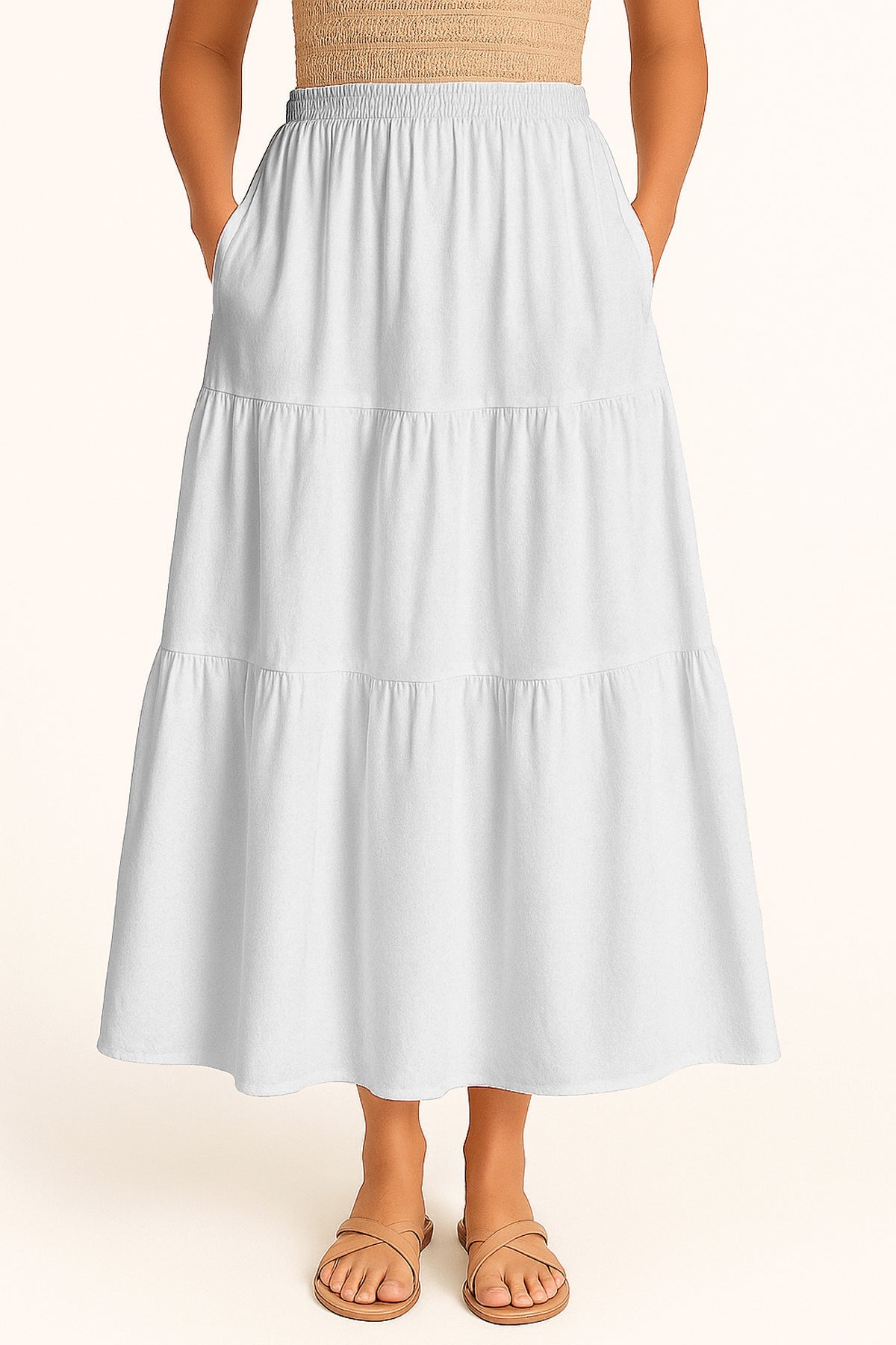Moomaya Women's Elastic Waist Skirt | Solid Bohemian Style Rayon Maxi with Side Pockets | Tiered Flowy Skirt with Pockets