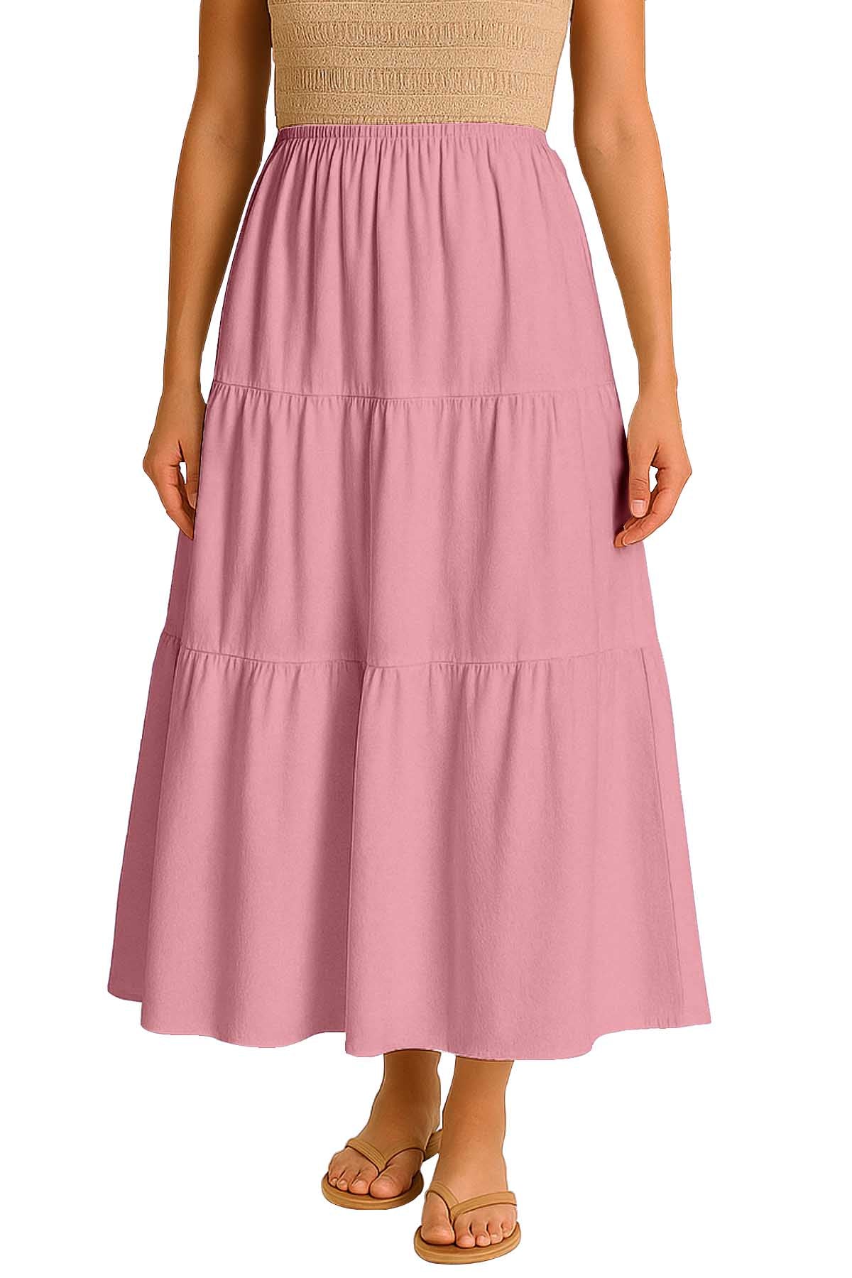 Moomaya Women's Elastic Waist Skirt | Solid Bohemian Style Rayon Maxi with Side Pockets | Tiered Flowy Skirt with Pockets