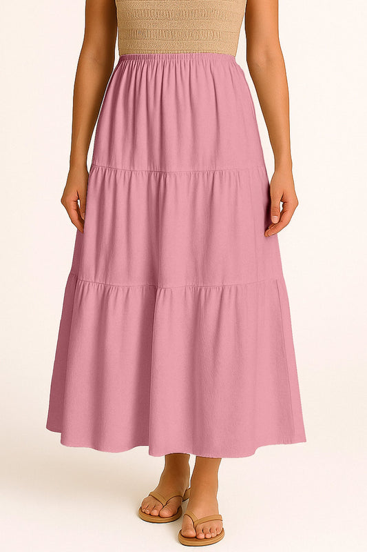 Moomaya Women's Elastic Waist Skirt | Solid Bohemian Style Rayon Maxi with Side Pockets | Tiered Flowy Skirt with Pockets