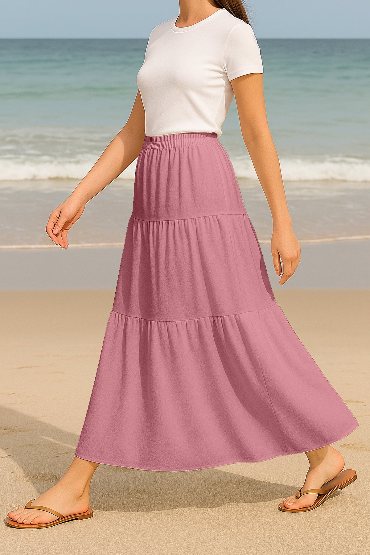Moomaya Women's Elastic Waist Skirt | Solid Bohemian Style Rayon Maxi with Side Pockets | Tiered Flowy Skirt with Pockets
