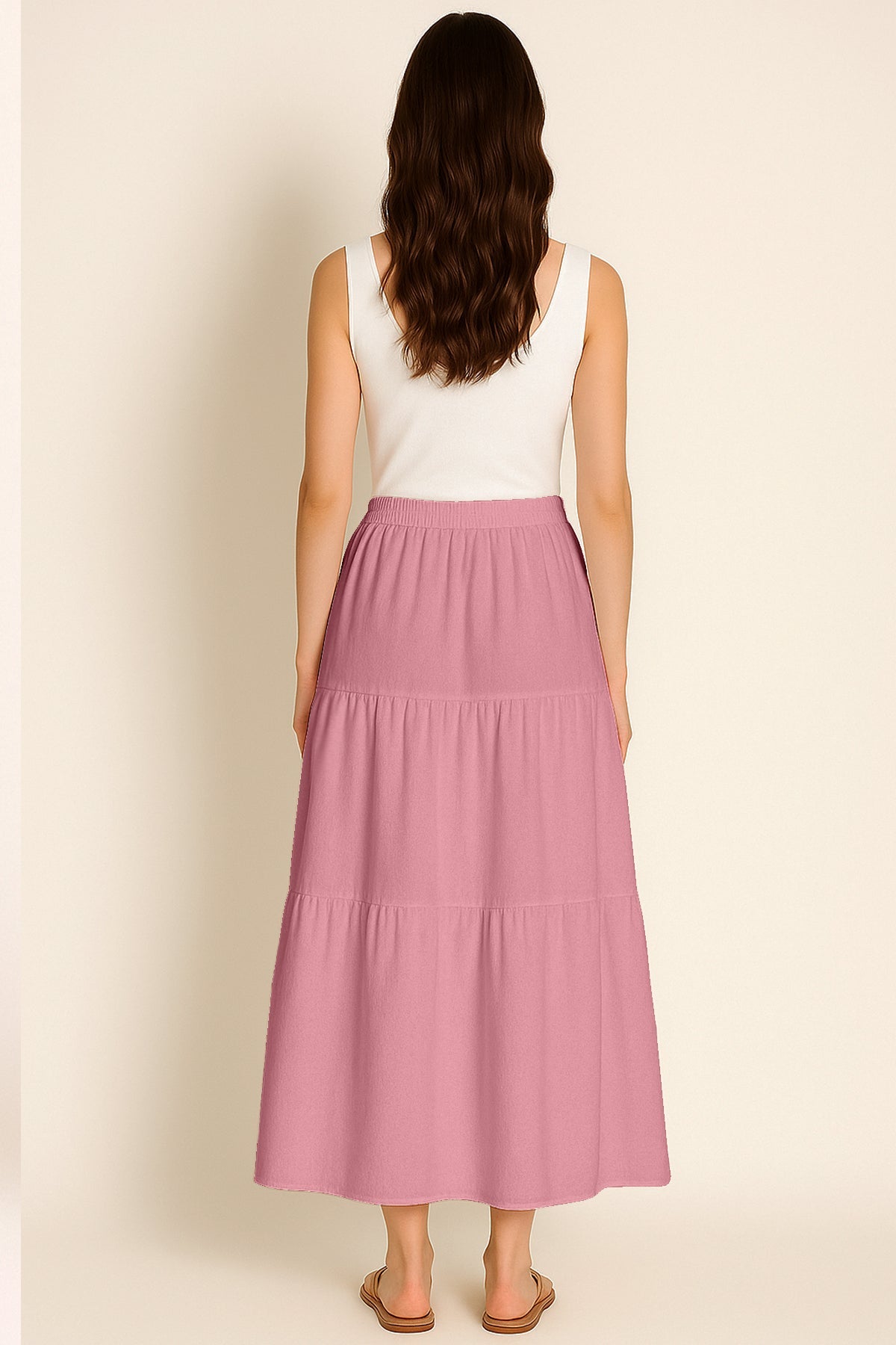 Moomaya Women's Elastic Waist Skirt | Solid Bohemian Style Rayon Maxi with Side Pockets | Tiered Flowy Skirt with Pockets