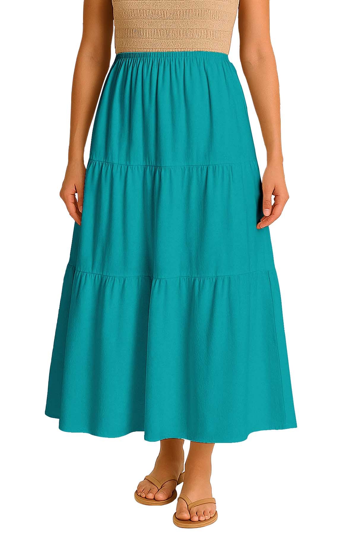 Moomaya Women's Elastic Waist Skirt | Solid Bohemian Style Rayon Maxi with Side Pockets | Tiered Flowy Skirt with Pockets