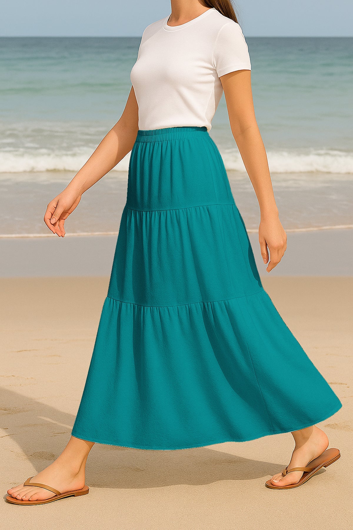 Moomaya Women's Elastic Waist Skirt | Solid Bohemian Style Rayon Maxi with Side Pockets | Tiered Flowy Skirt with Pockets