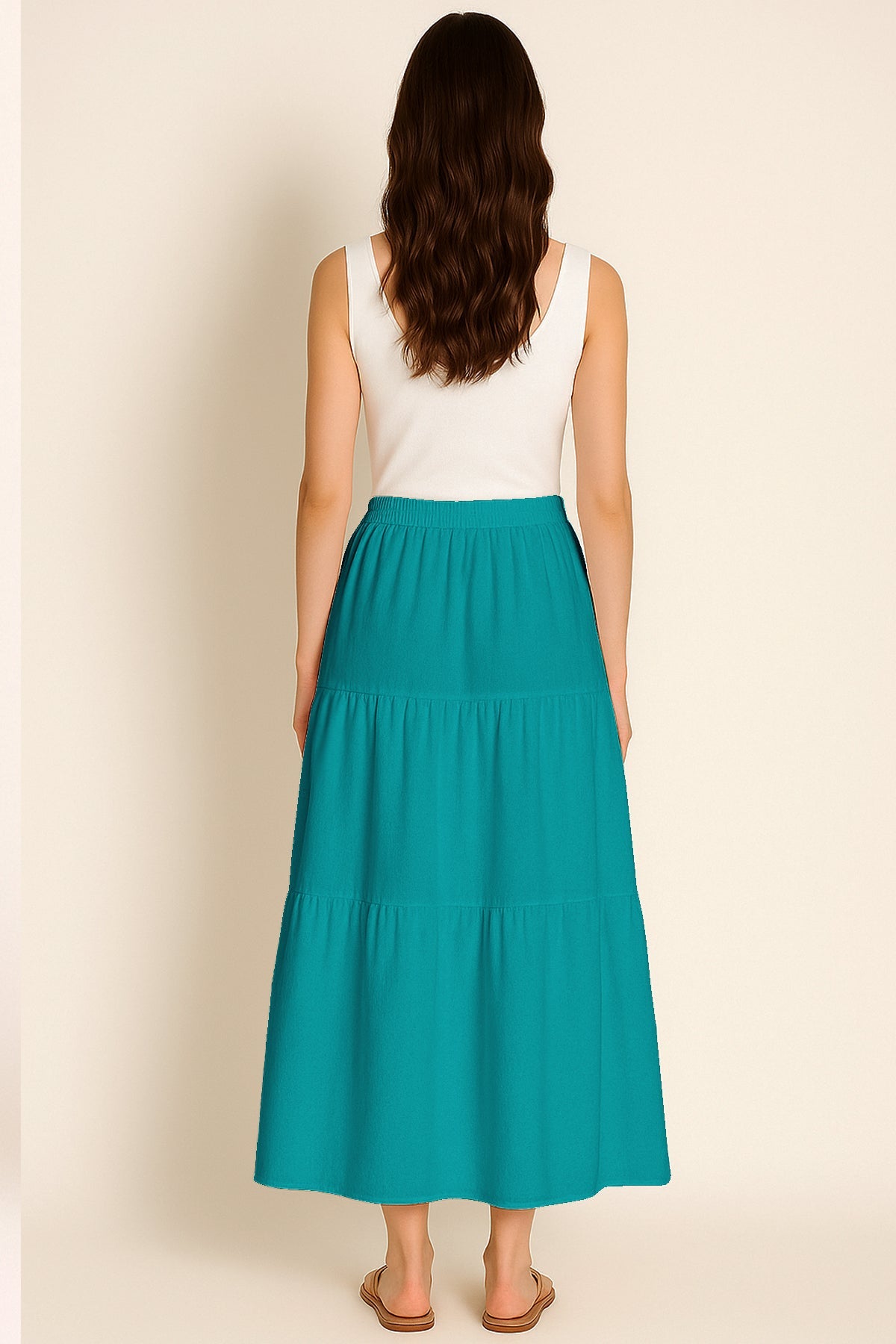 Moomaya Women's Elastic Waist Skirt | Solid Bohemian Style Rayon Maxi with Side Pockets | Tiered Flowy Skirt with Pockets