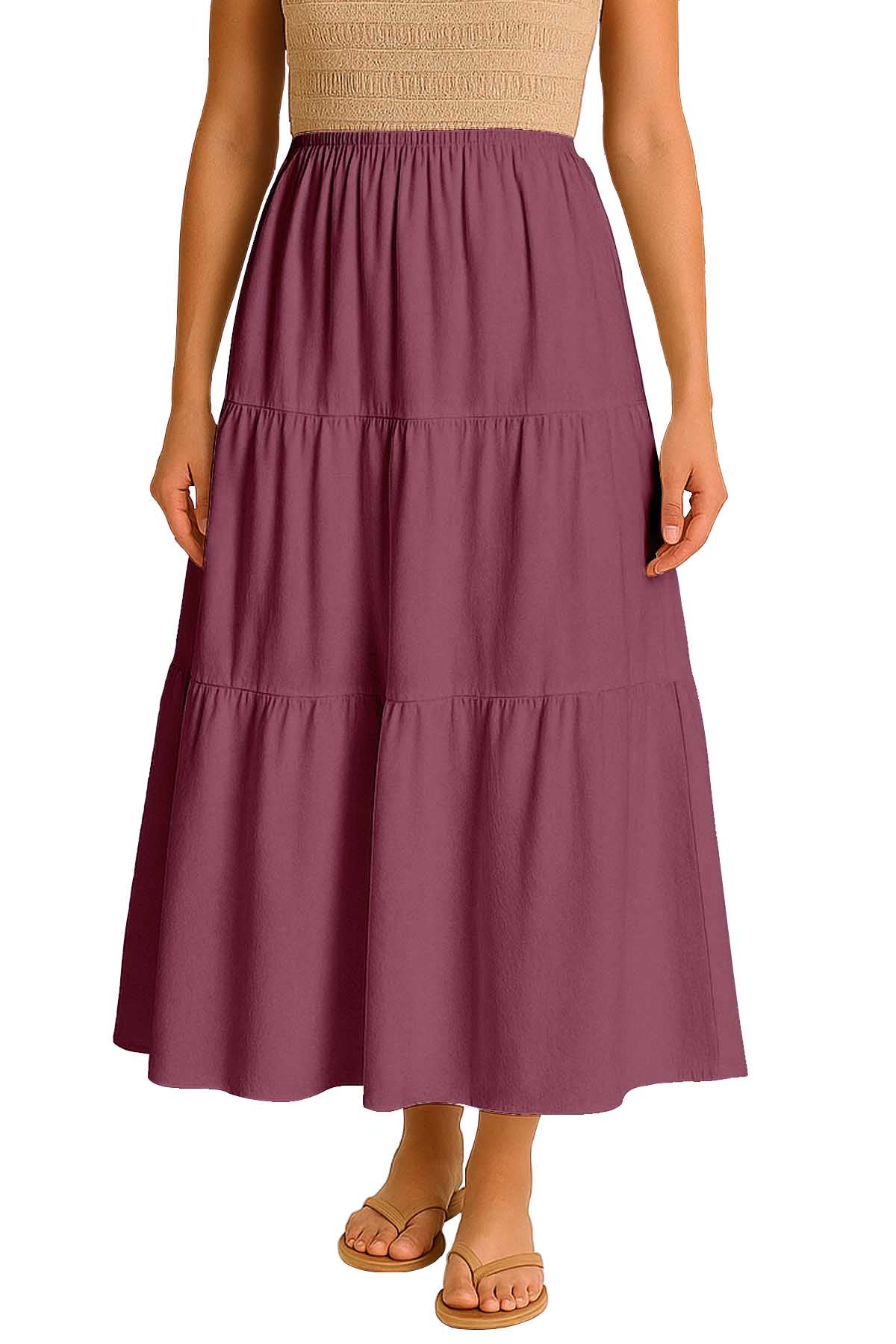 Moomaya Women's Elastic Waist Skirt | Solid Bohemian Style Rayon Maxi with Side Pockets | Tiered Flowy Skirt with Pockets