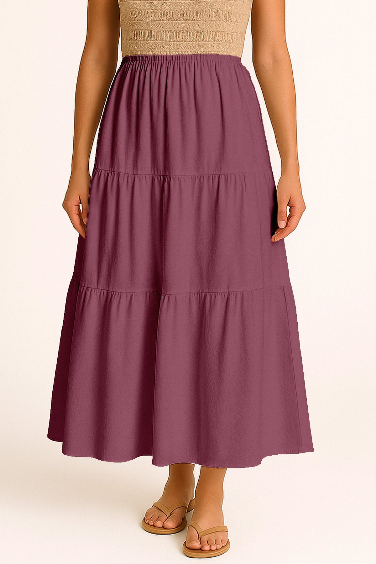 Moomaya Women's Elastic Waist Skirt | Solid Bohemian Style Rayon Maxi with Side Pockets | Tiered Flowy Skirt with Pockets