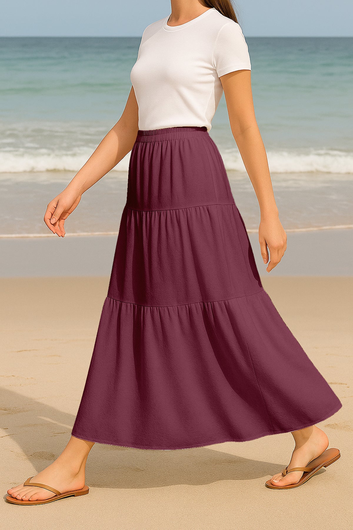 Moomaya Women's Elastic Waist Skirt | Solid Bohemian Style Rayon Maxi with Side Pockets | Tiered Flowy Skirt with Pockets