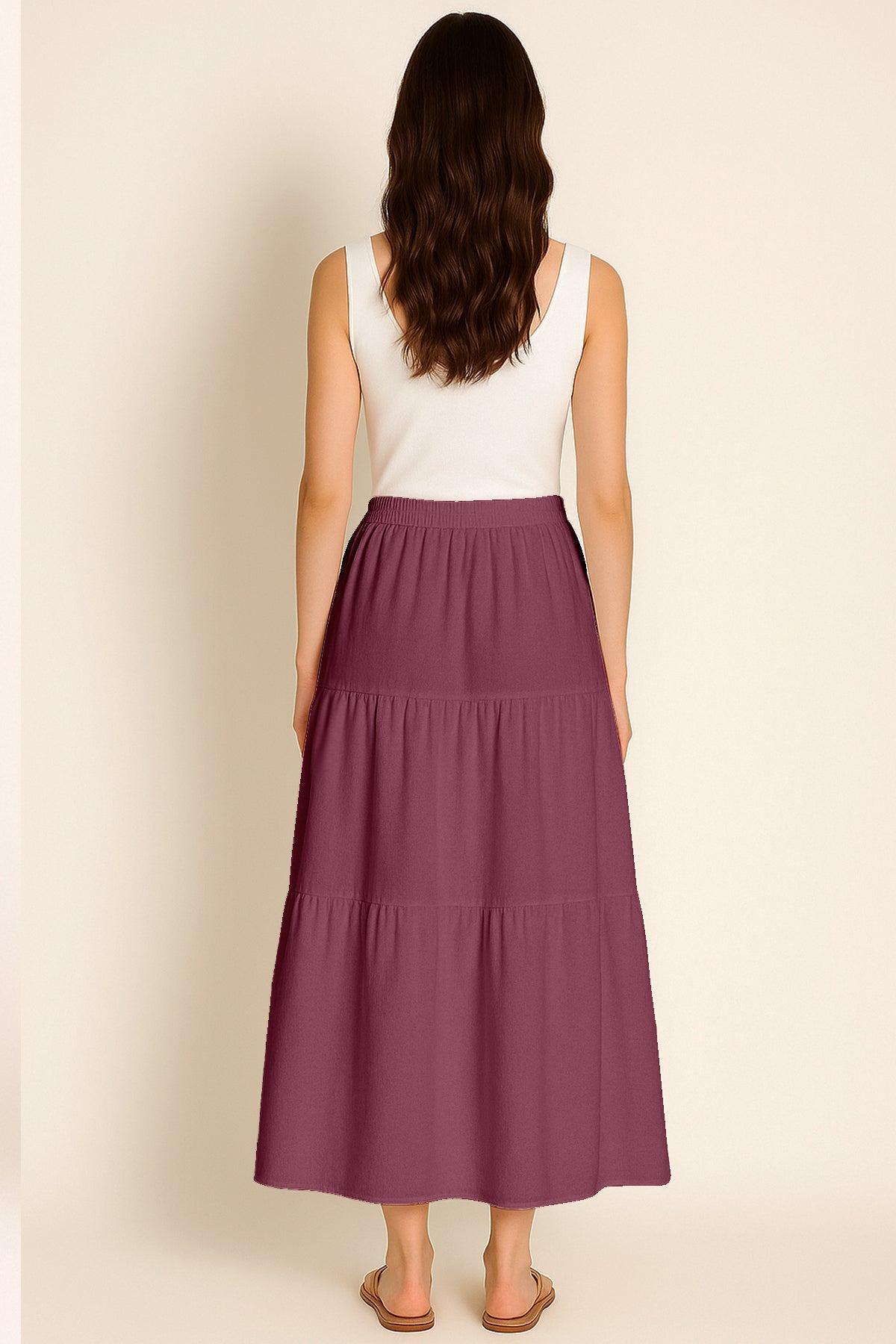 Moomaya Women's Elastic Waist Skirt | Solid Bohemian Style Rayon Maxi with Side Pockets | Tiered Flowy Skirt with Pockets