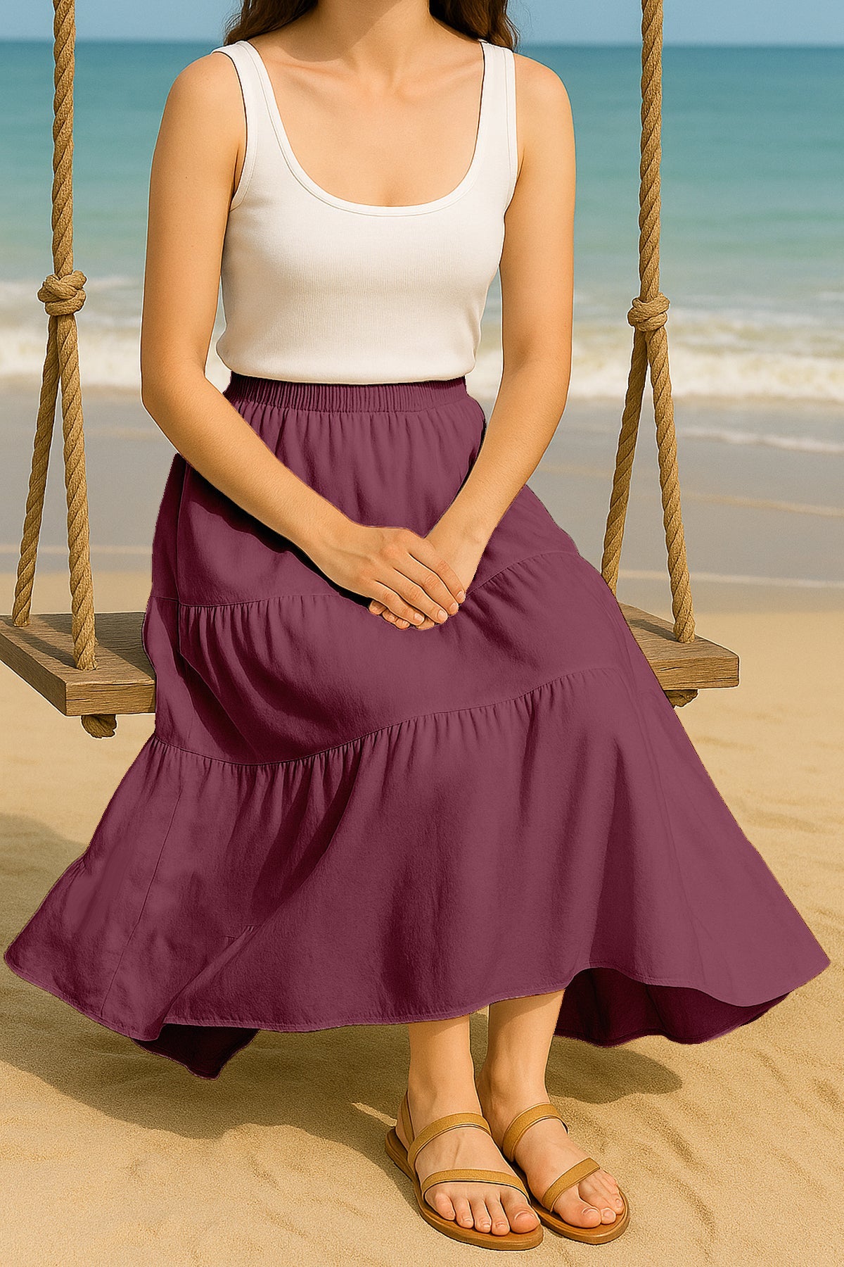 Moomaya Women's Elastic Waist Skirt | Solid Bohemian Style Rayon Maxi with Side Pockets | Tiered Flowy Skirt with Pockets