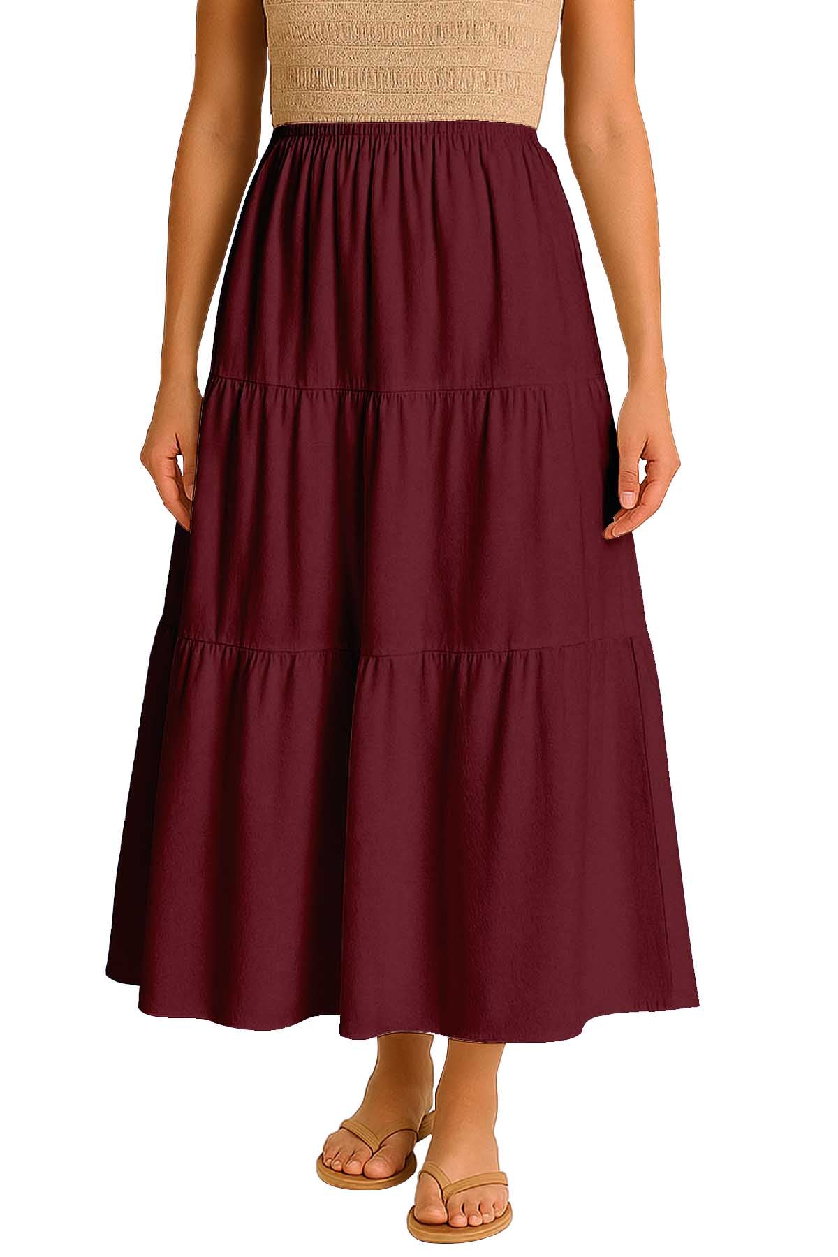 Moomaya Women's Elastic Waist Skirt | Solid Bohemian Style Rayon Maxi with Side Pockets | Tiered Flowy Skirt with Pockets