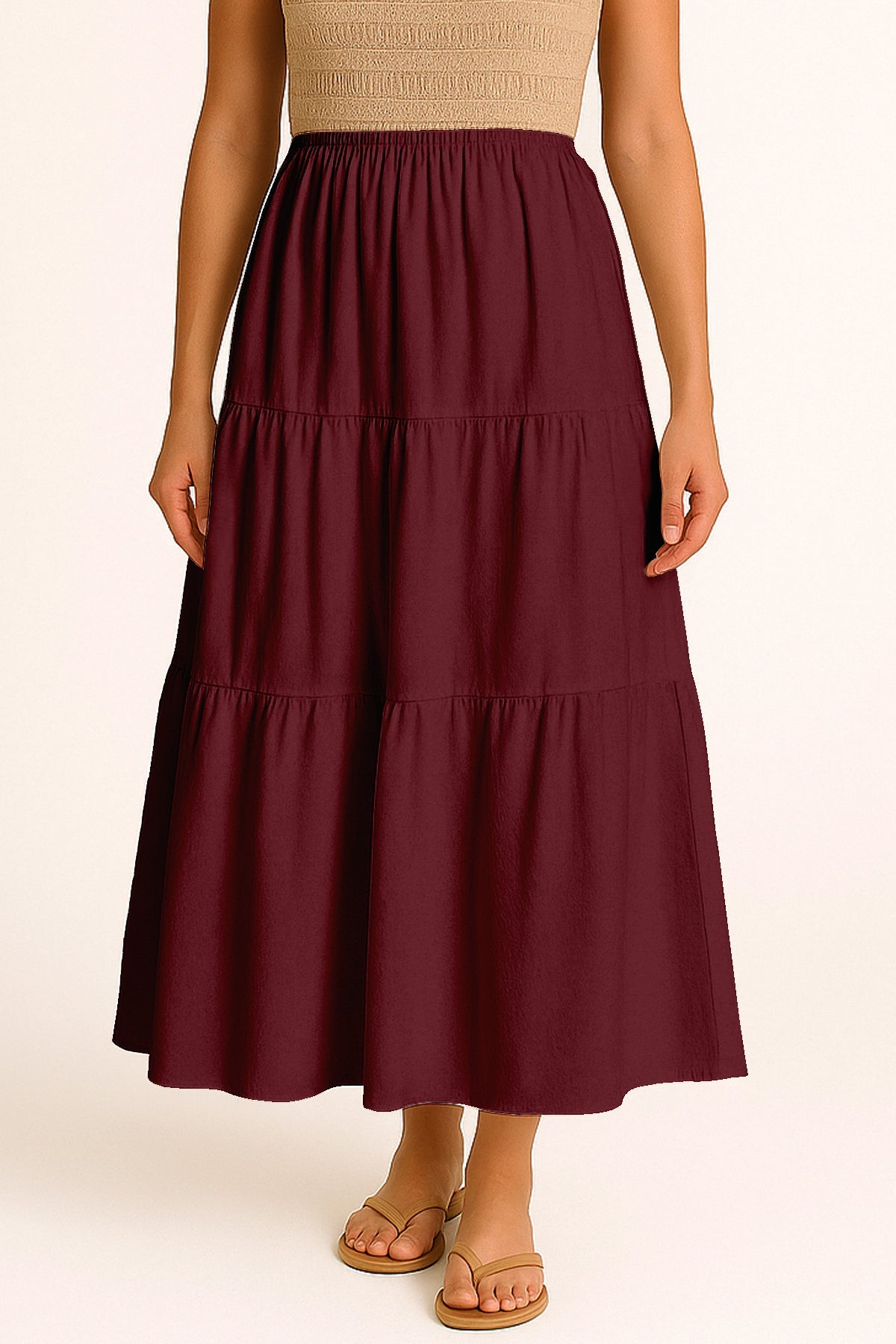 Moomaya Women's Elastic Waist Skirt | Solid Bohemian Style Rayon Maxi with Side Pockets | Tiered Flowy Skirt with Pockets