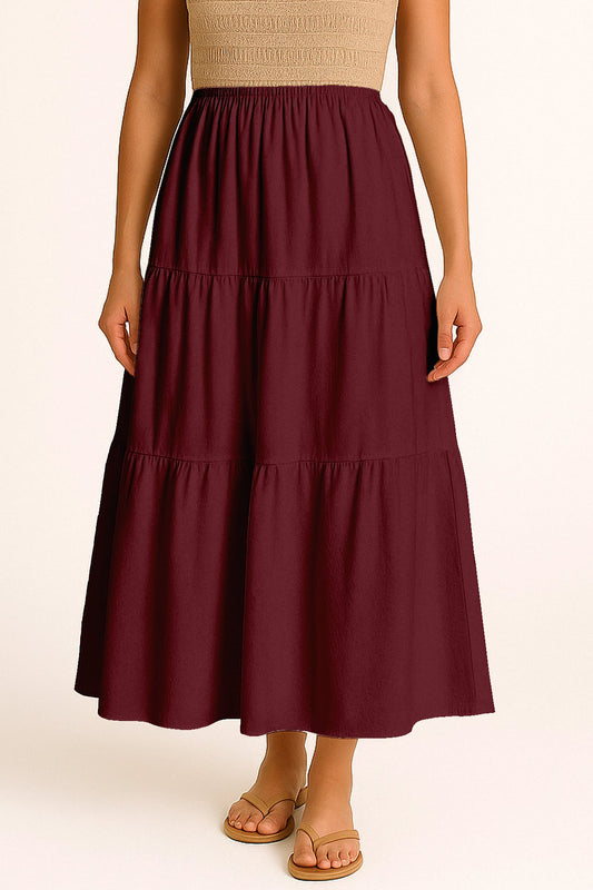 Moomaya Women's Elastic Waist Skirt | Solid Bohemian Style Rayon Maxi with Side Pockets | Tiered Flowy Skirt with Pockets