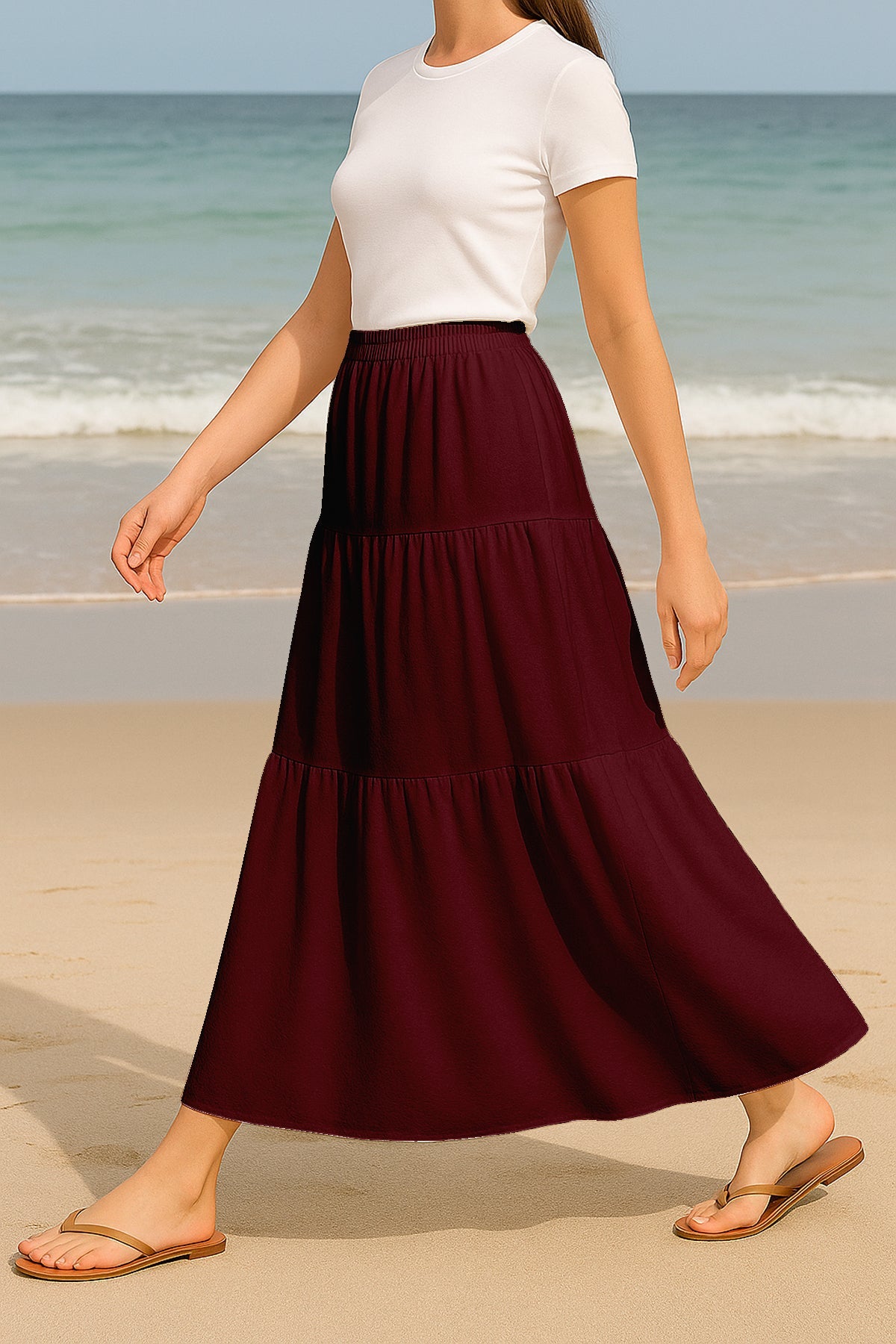 Moomaya Women's Elastic Waist Skirt | Solid Bohemian Style Rayon Maxi with Side Pockets | Tiered Flowy Skirt with Pockets