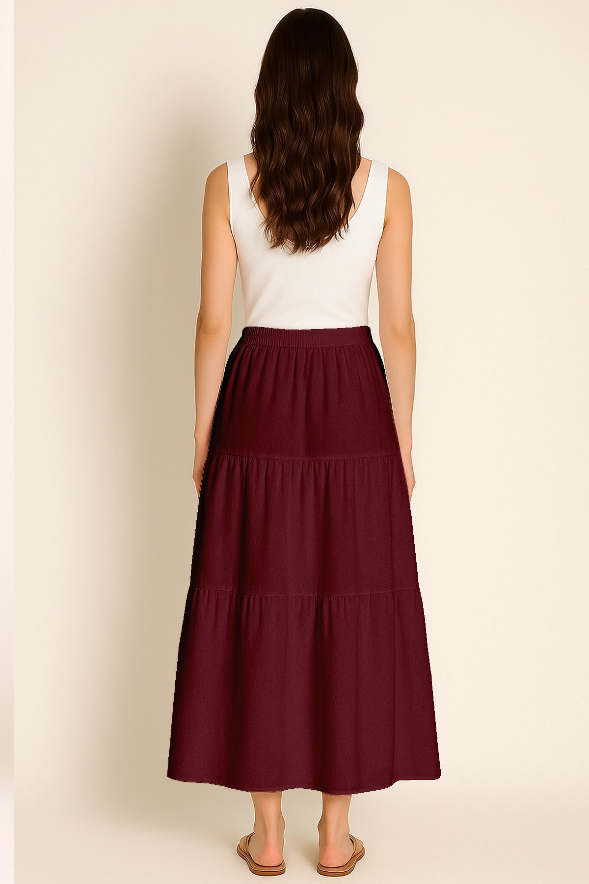Moomaya Women's Elastic Waist Skirt | Solid Bohemian Style Rayon Maxi with Side Pockets | Tiered Flowy Skirt with Pockets