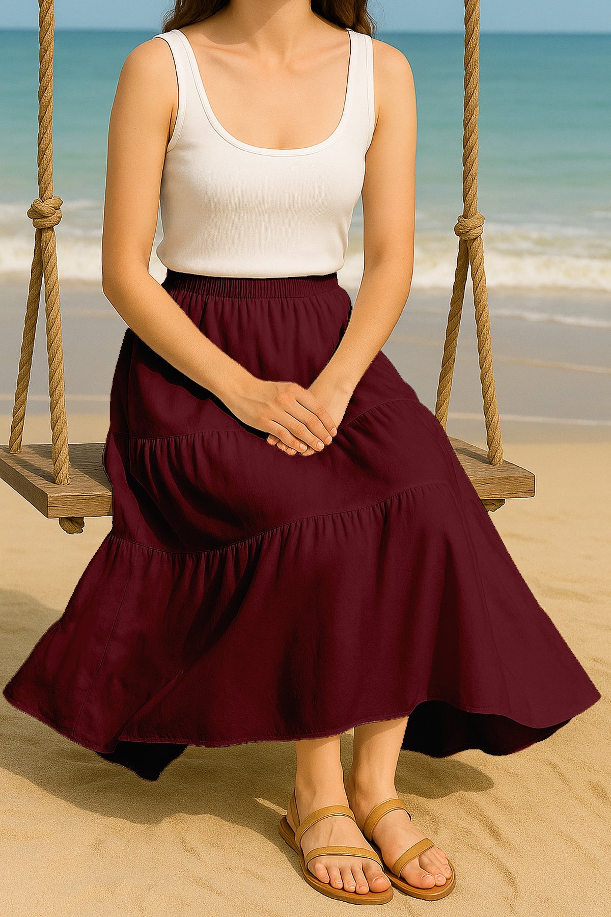 Moomaya Women's Elastic Waist Skirt | Solid Bohemian Style Rayon Maxi with Side Pockets | Tiered Flowy Skirt with Pockets