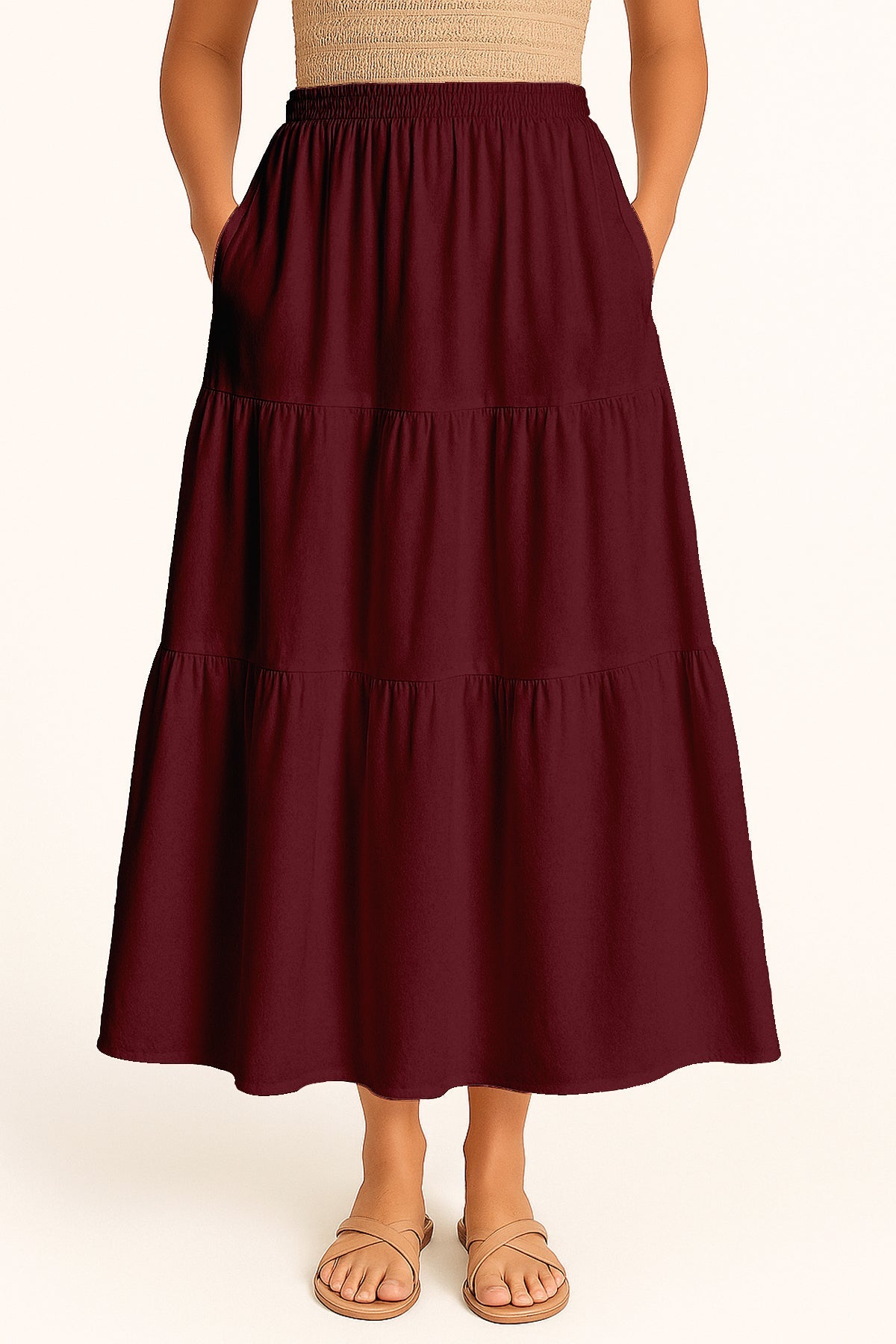 Moomaya Women's Elastic Waist Skirt | Solid Bohemian Style Rayon Maxi with Side Pockets | Tiered Flowy Skirt with Pockets