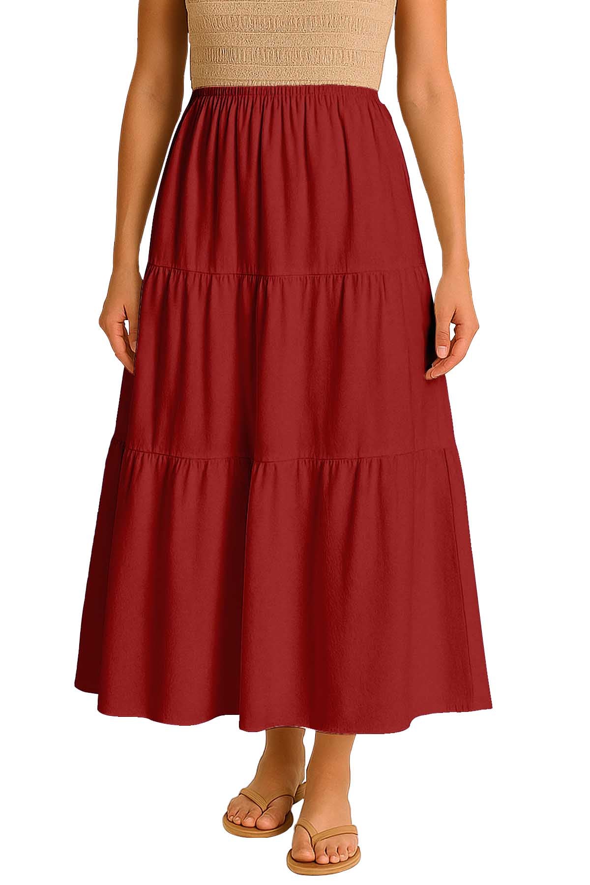 Moomaya Women's Elastic Waist Skirt | Solid Bohemian Style Rayon Maxi with Side Pockets | Tiered Flowy Skirt with Pockets