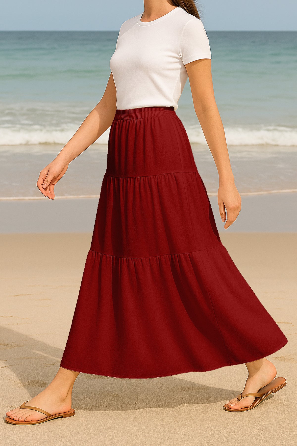 Moomaya Women's Elastic Waist Skirt | Solid Bohemian Style Rayon Maxi with Side Pockets | Tiered Flowy Skirt with Pockets
