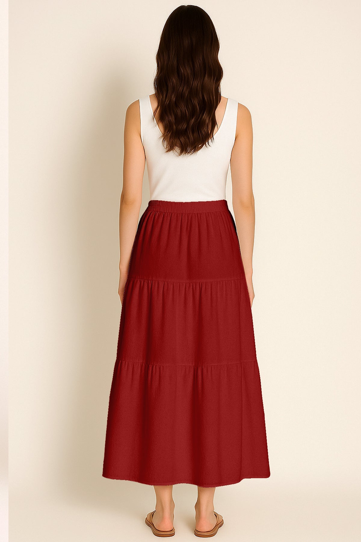 Moomaya Women's Elastic Waist Skirt | Solid Bohemian Style Rayon Maxi with Side Pockets | Tiered Flowy Skirt with Pockets