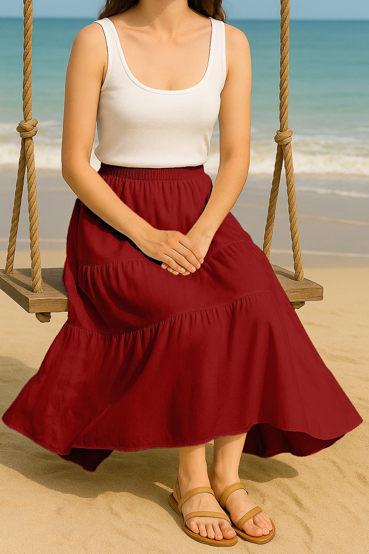 Moomaya Women's Elastic Waist Skirt | Solid Bohemian Style Rayon Maxi with Side Pockets | Tiered Flowy Skirt with Pockets