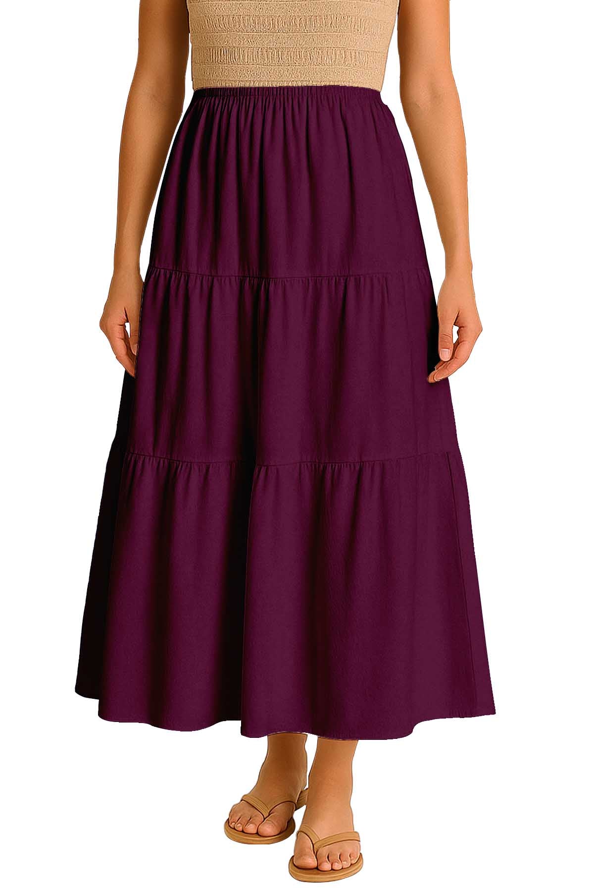 Moomaya Women's Elastic Waist Skirt | Solid Bohemian Style Rayon Maxi with Side Pockets | Tiered Flowy Skirt with Pockets