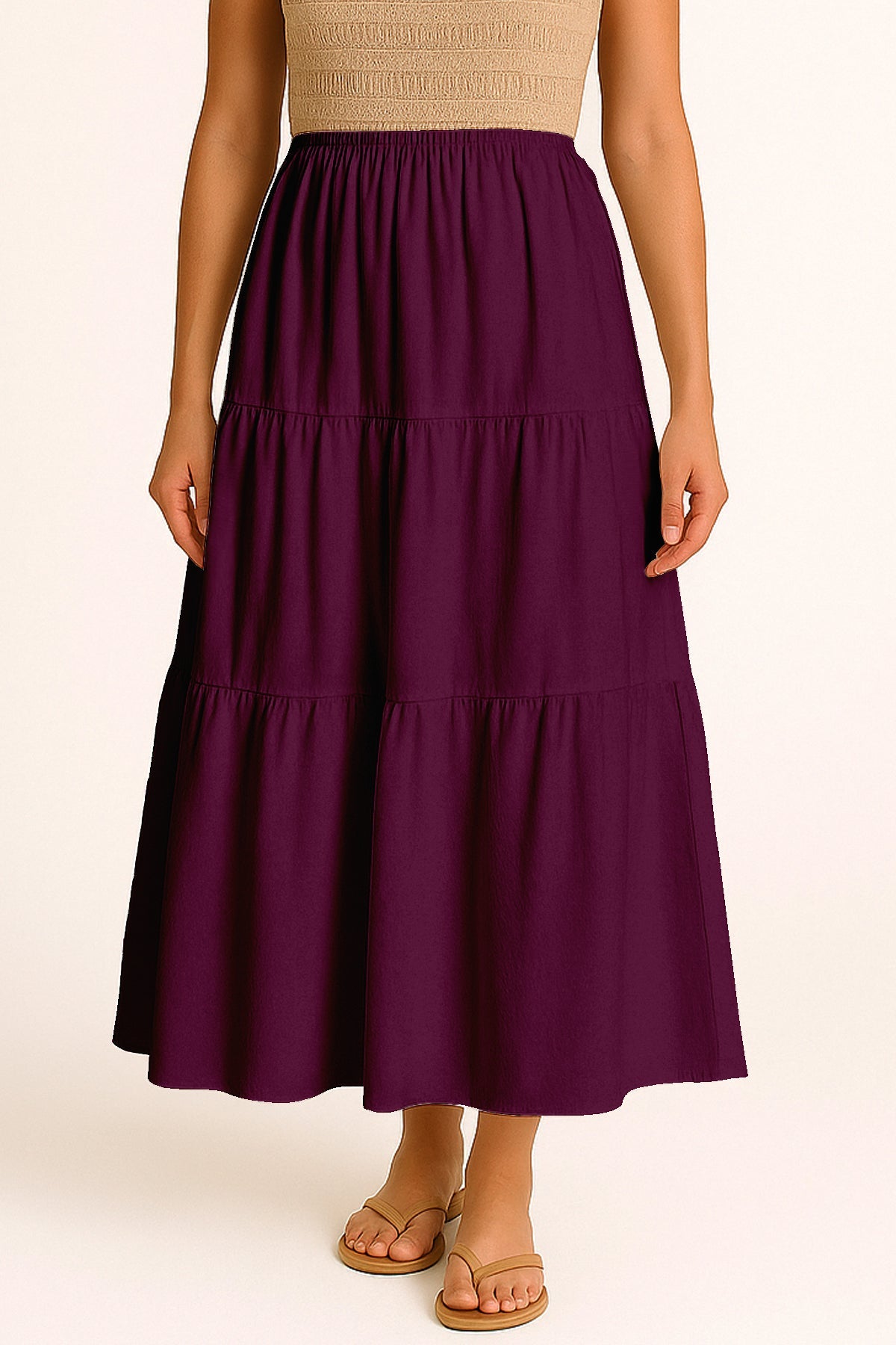 Moomaya Women's Elastic Waist Skirt | Solid Bohemian Style Rayon Maxi with Side Pockets | Tiered Flowy Skirt with Pockets