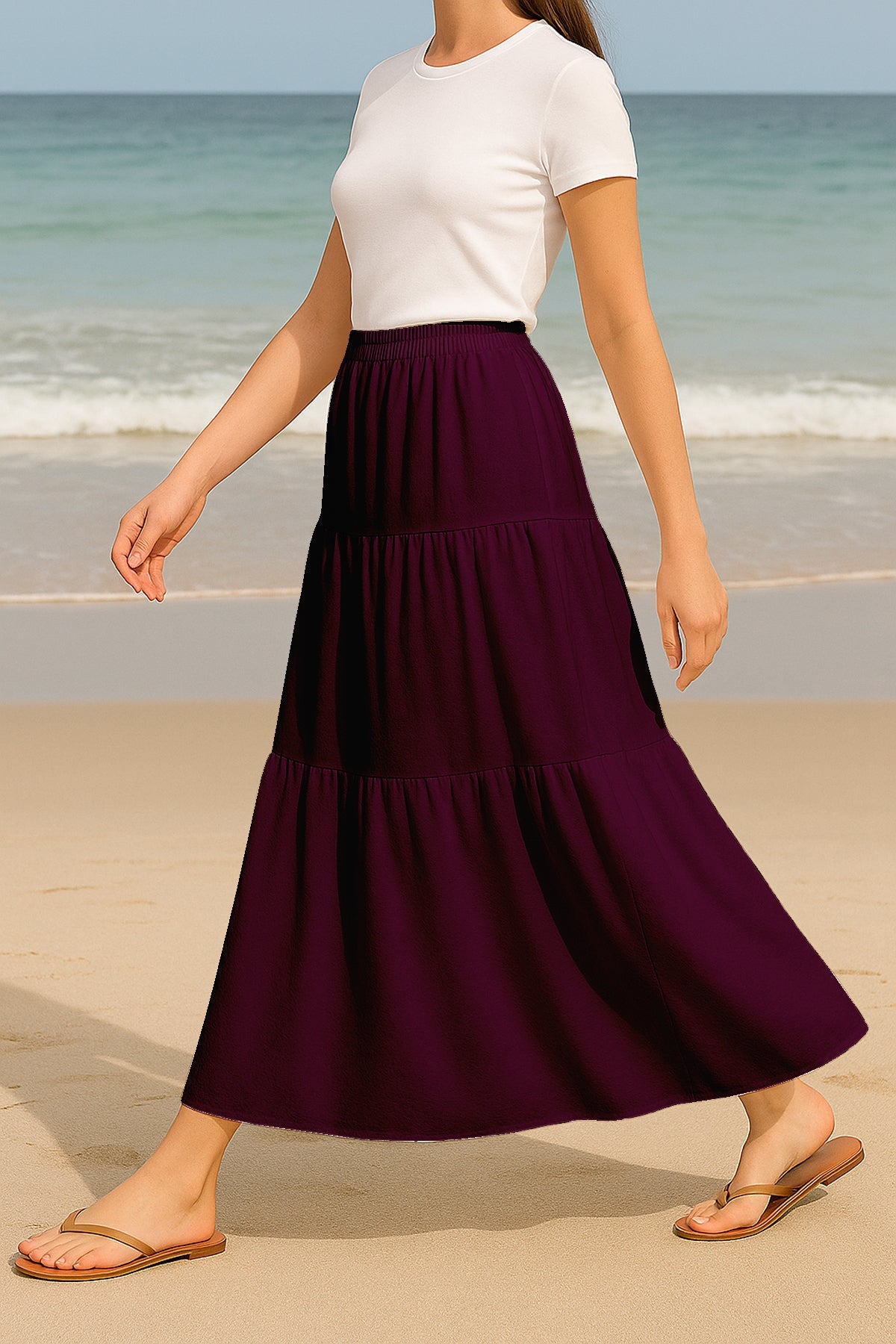 Moomaya Women's Elastic Waist Skirt | Solid Bohemian Style Rayon Maxi with Side Pockets | Tiered Flowy Skirt with Pockets
