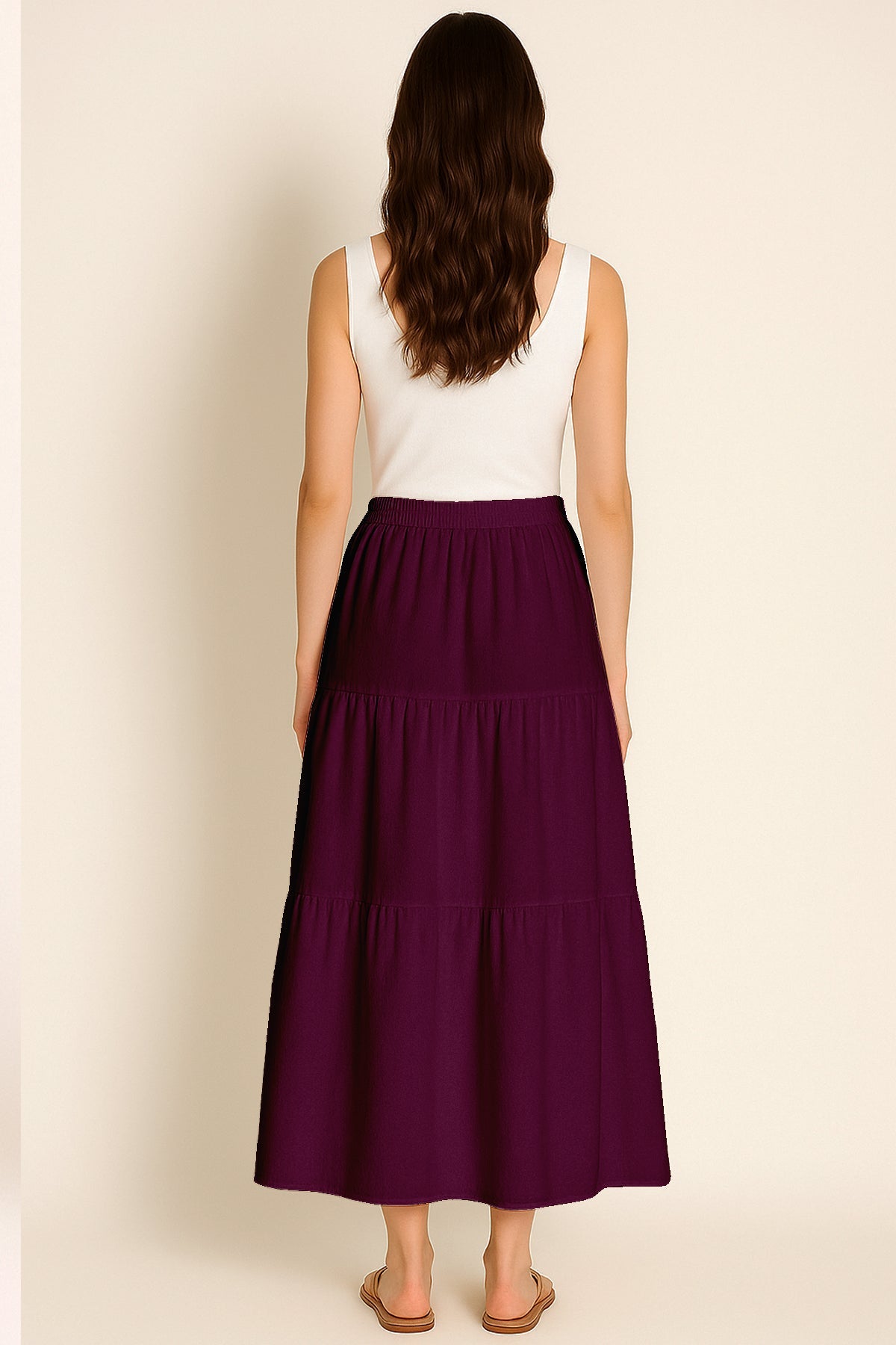 Moomaya Women's Elastic Waist Skirt | Solid Bohemian Style Rayon Maxi with Side Pockets | Tiered Flowy Skirt with Pockets