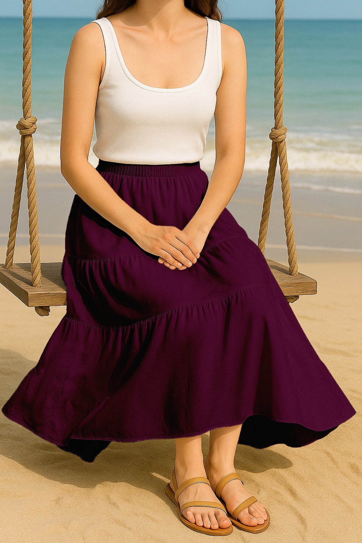 Moomaya Women's Elastic Waist Skirt | Solid Bohemian Style Rayon Maxi with Side Pockets | Tiered Flowy Skirt with Pockets