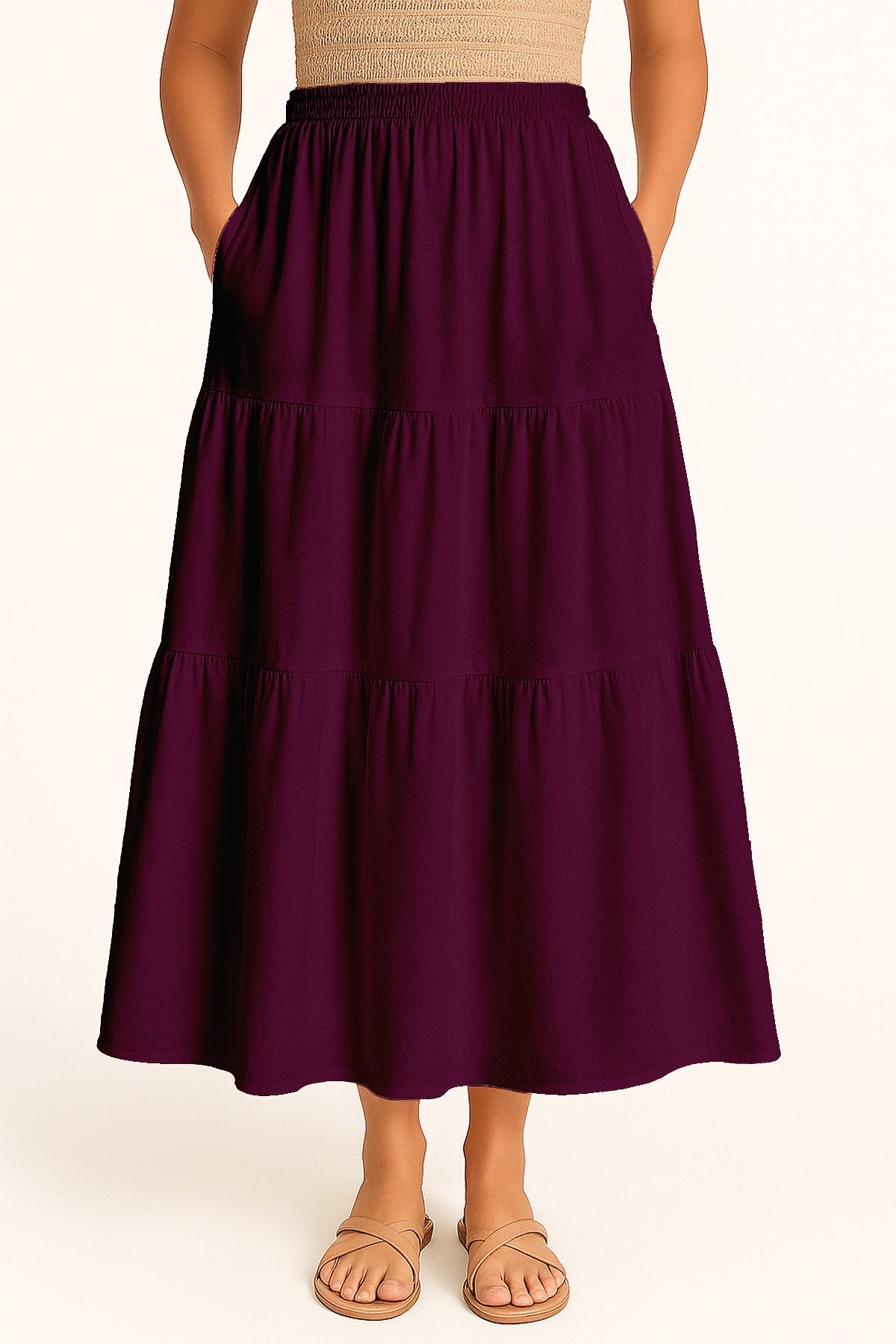 Moomaya Women's Elastic Waist Skirt | Solid Bohemian Style Rayon Maxi with Side Pockets | Tiered Flowy Skirt with Pockets