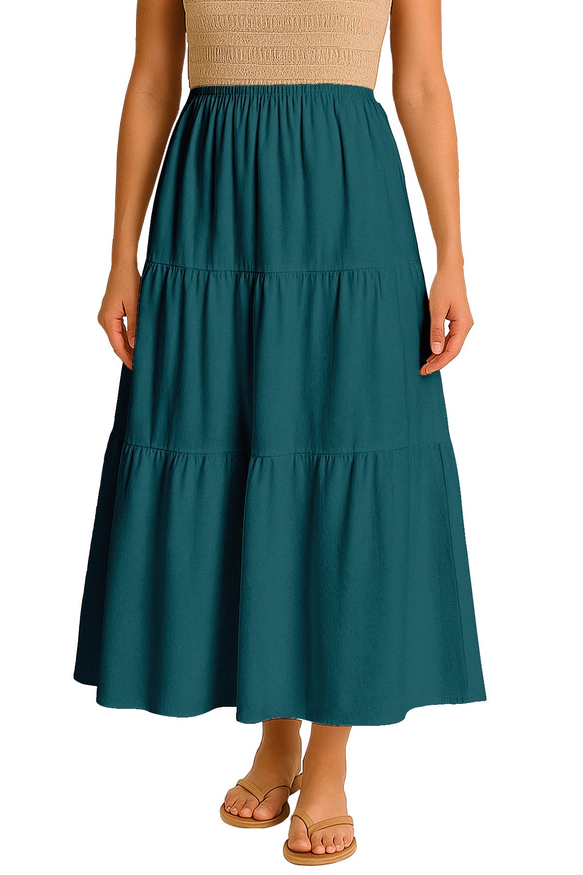 Moomaya Women's Elastic Waist Skirt | Solid Bohemian Style Rayon Maxi with Side Pockets | Tiered Flowy Skirt with Pockets
