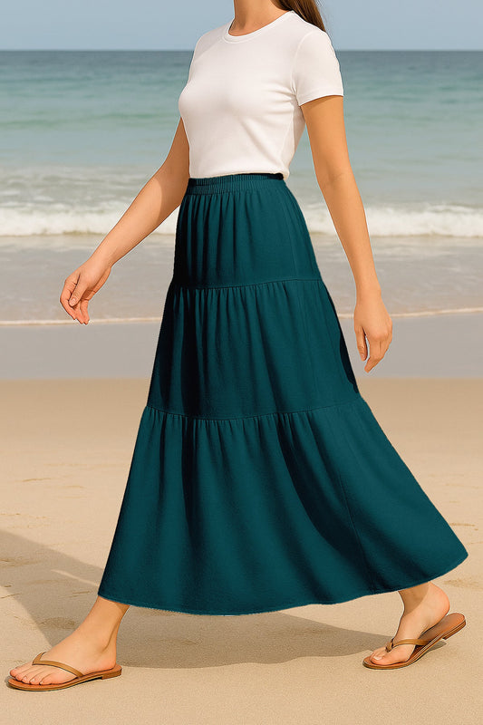 Moomaya Women's Elastic Waist Skirt | Solid Bohemian Style Rayon Maxi with Side Pockets | Tiered Flowy Skirt with Pockets