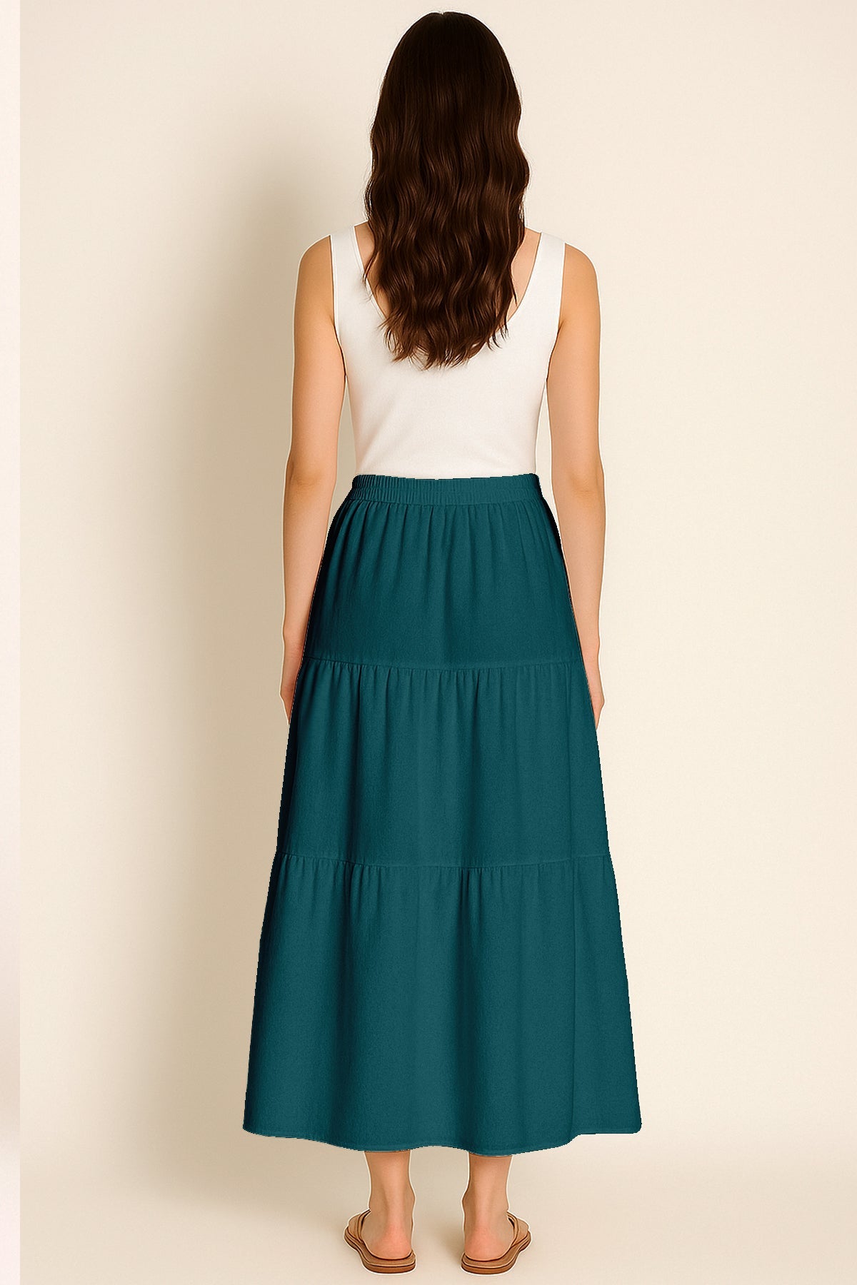 Moomaya Women's Elastic Waist Skirt | Solid Bohemian Style Rayon Maxi with Side Pockets | Tiered Flowy Skirt with Pockets