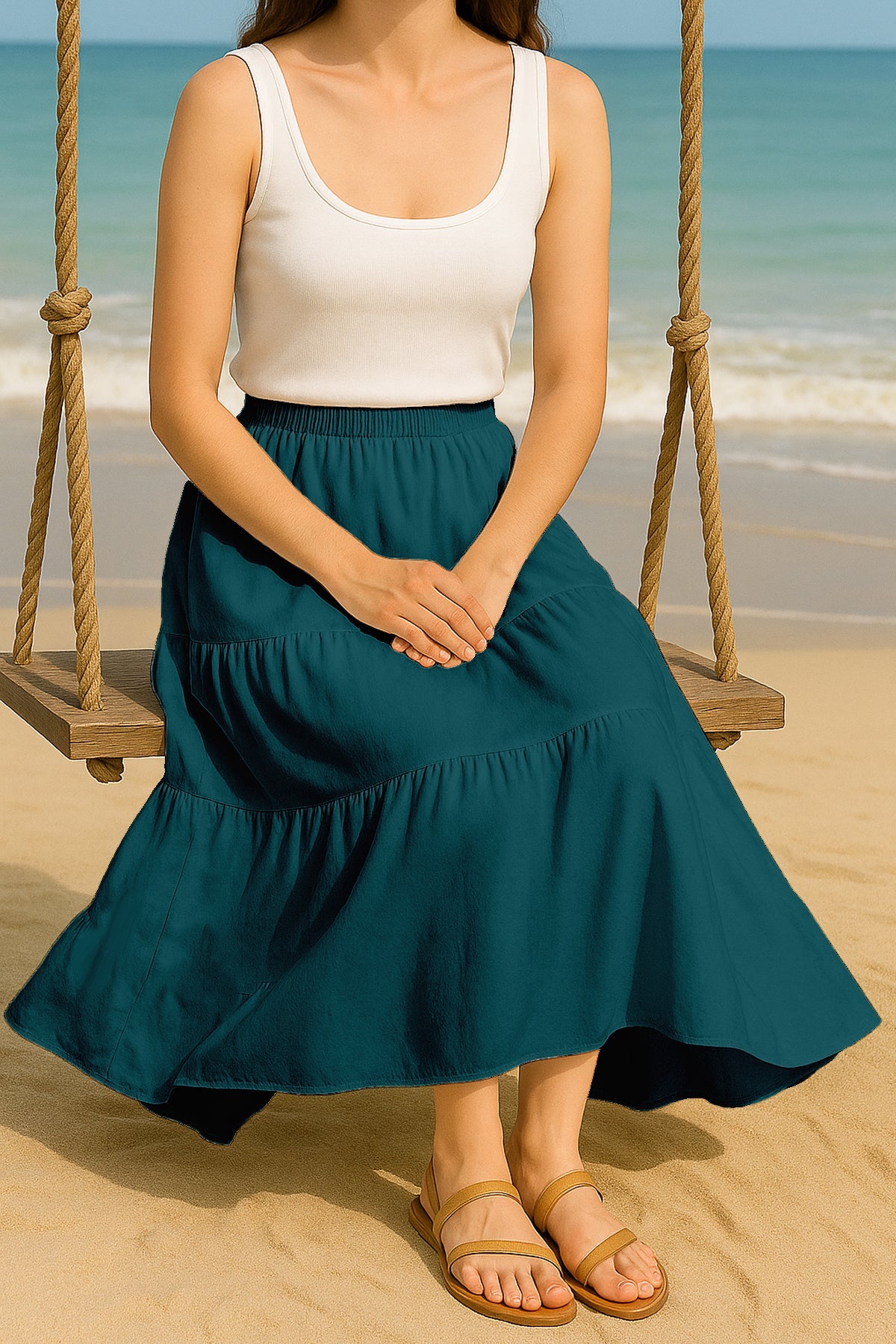 Moomaya Women's Elastic Waist Skirt | Solid Bohemian Style Rayon Maxi with Side Pockets | Tiered Flowy Skirt with Pockets