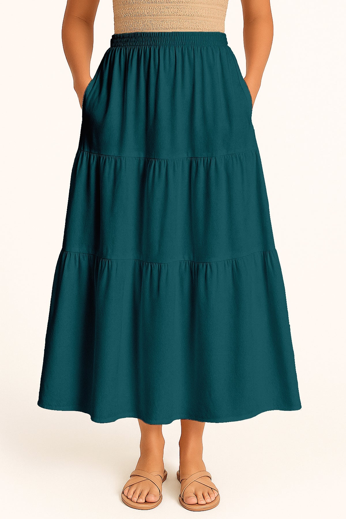 Moomaya Women's Elastic Waist Skirt | Solid Bohemian Style Rayon Maxi with Side Pockets | Tiered Flowy Skirt with Pockets