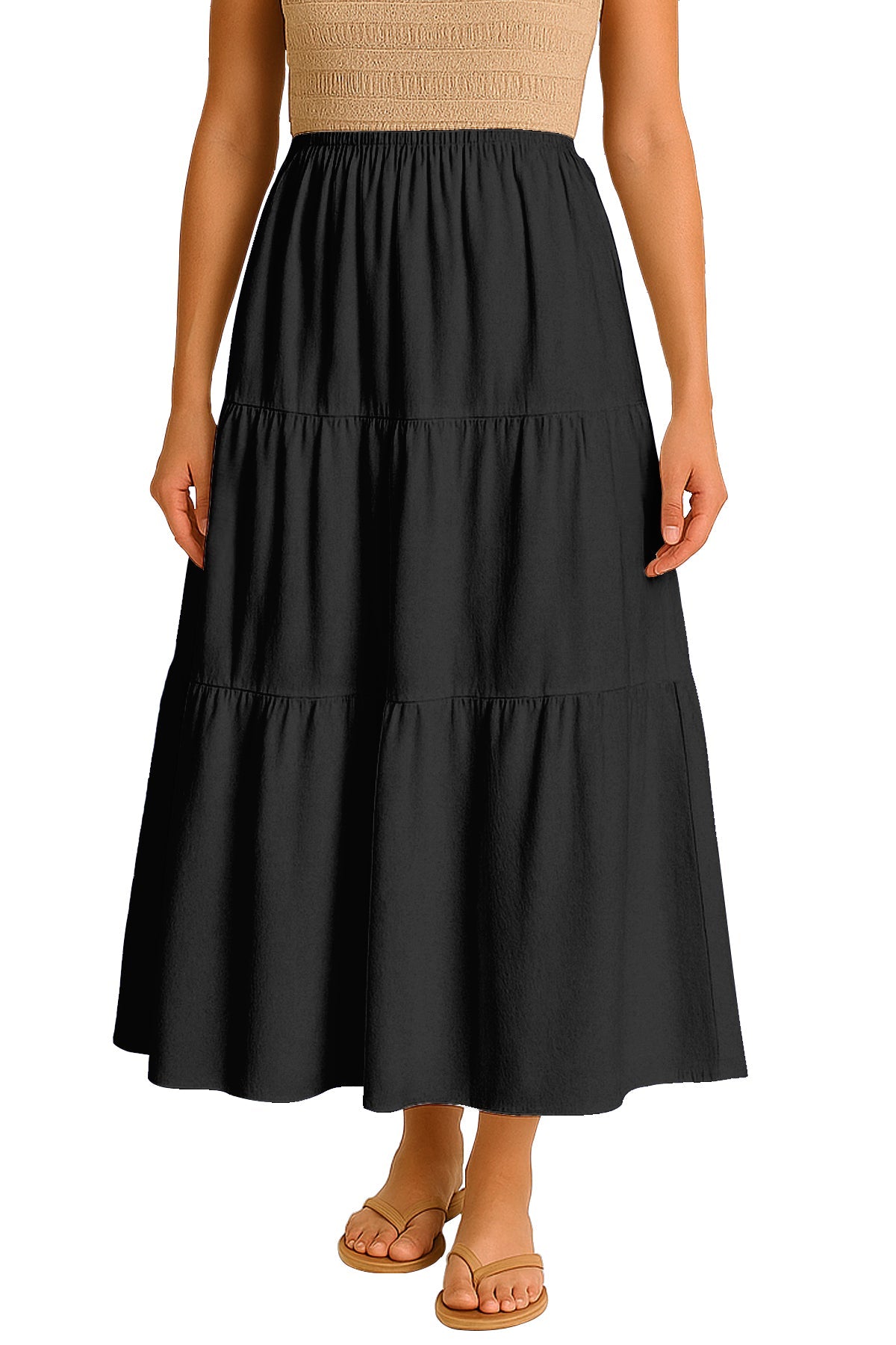 Moomaya Women's Elastic Waist Skirt | Solid Bohemian Style Rayon Maxi with Side Pockets | Tiered Flowy Skirt with Pockets