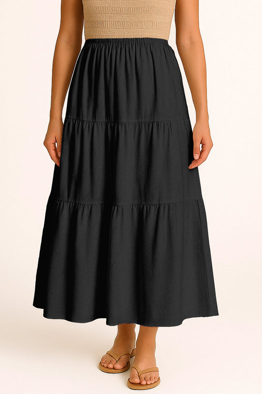Moomaya Women's Elastic Waist Skirt | Solid Bohemian Style Rayon Maxi with Side Pockets | Tiered Flowy Skirt with Pockets