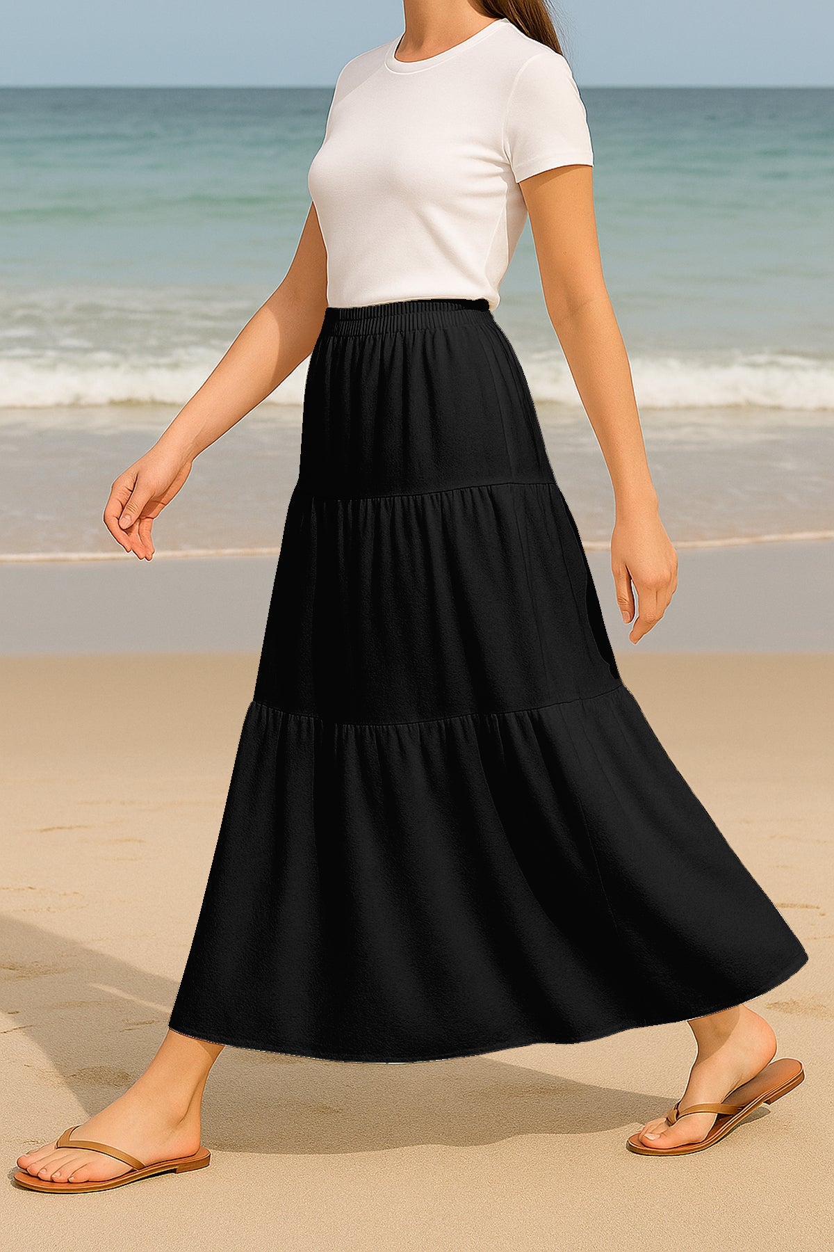 Moomaya Women's Elastic Waist Skirt | Solid Bohemian Style Rayon Maxi with Side Pockets | Tiered Flowy Skirt with Pockets