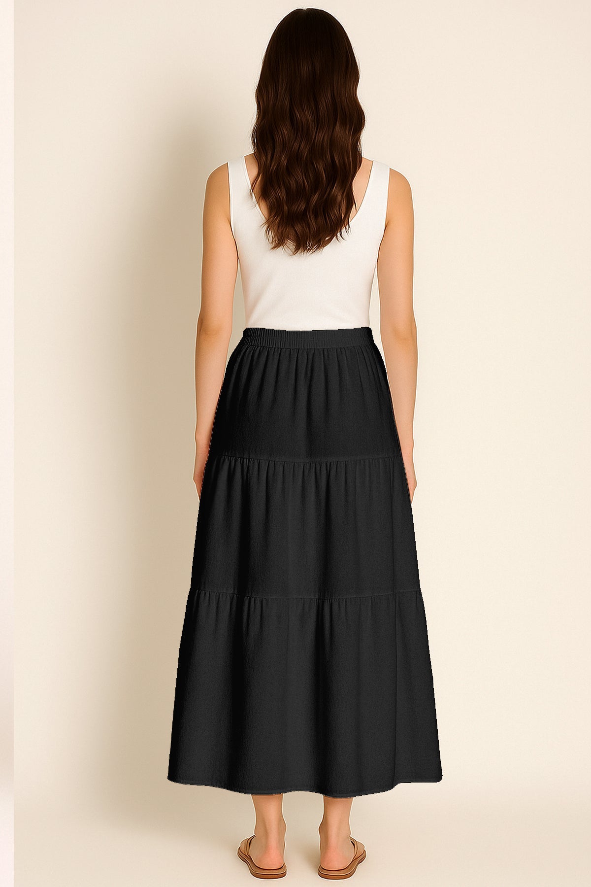 Moomaya Women's Elastic Waist Skirt | Solid Bohemian Style Rayon Maxi with Side Pockets | Tiered Flowy Skirt with Pockets