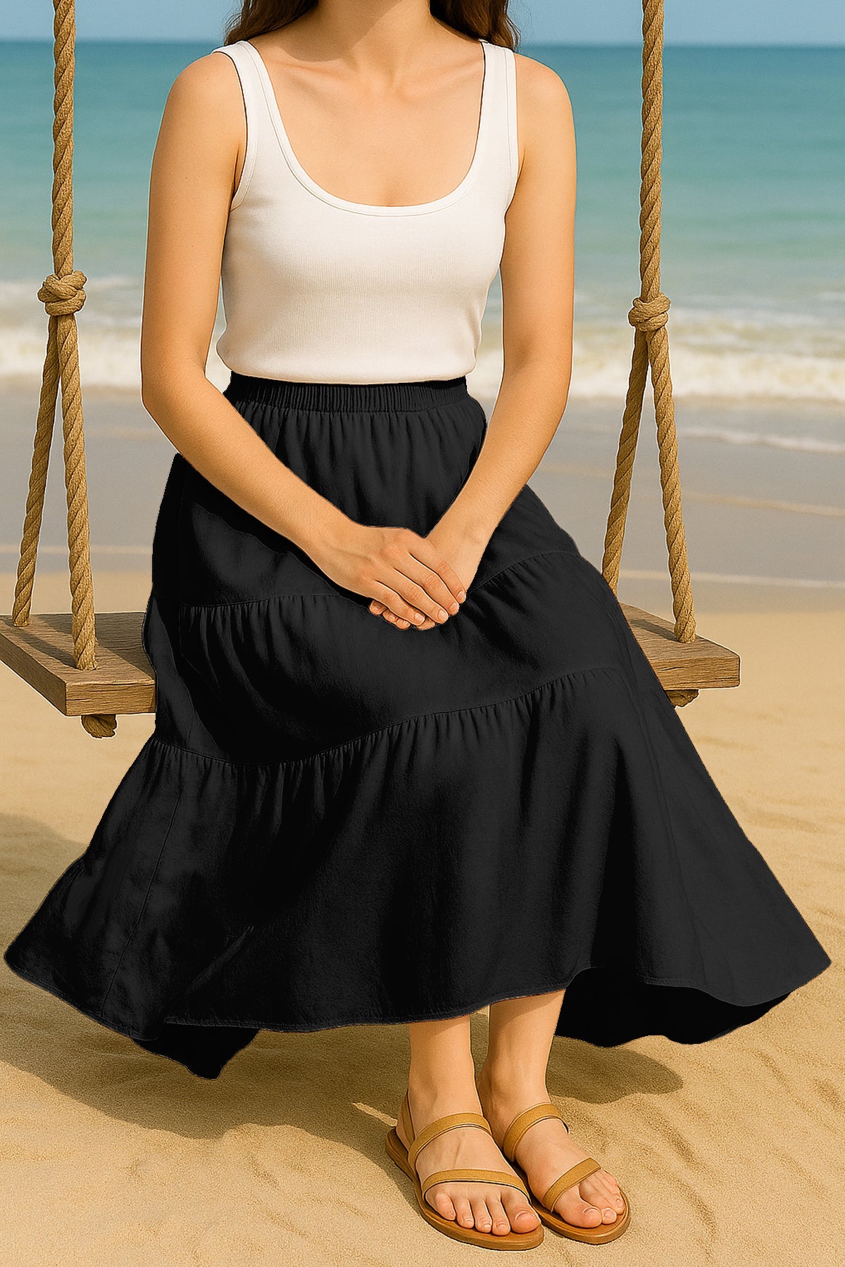 Moomaya Women's Elastic Waist Skirt | Solid Bohemian Style Rayon Maxi with Side Pockets | Tiered Flowy Skirt with Pockets