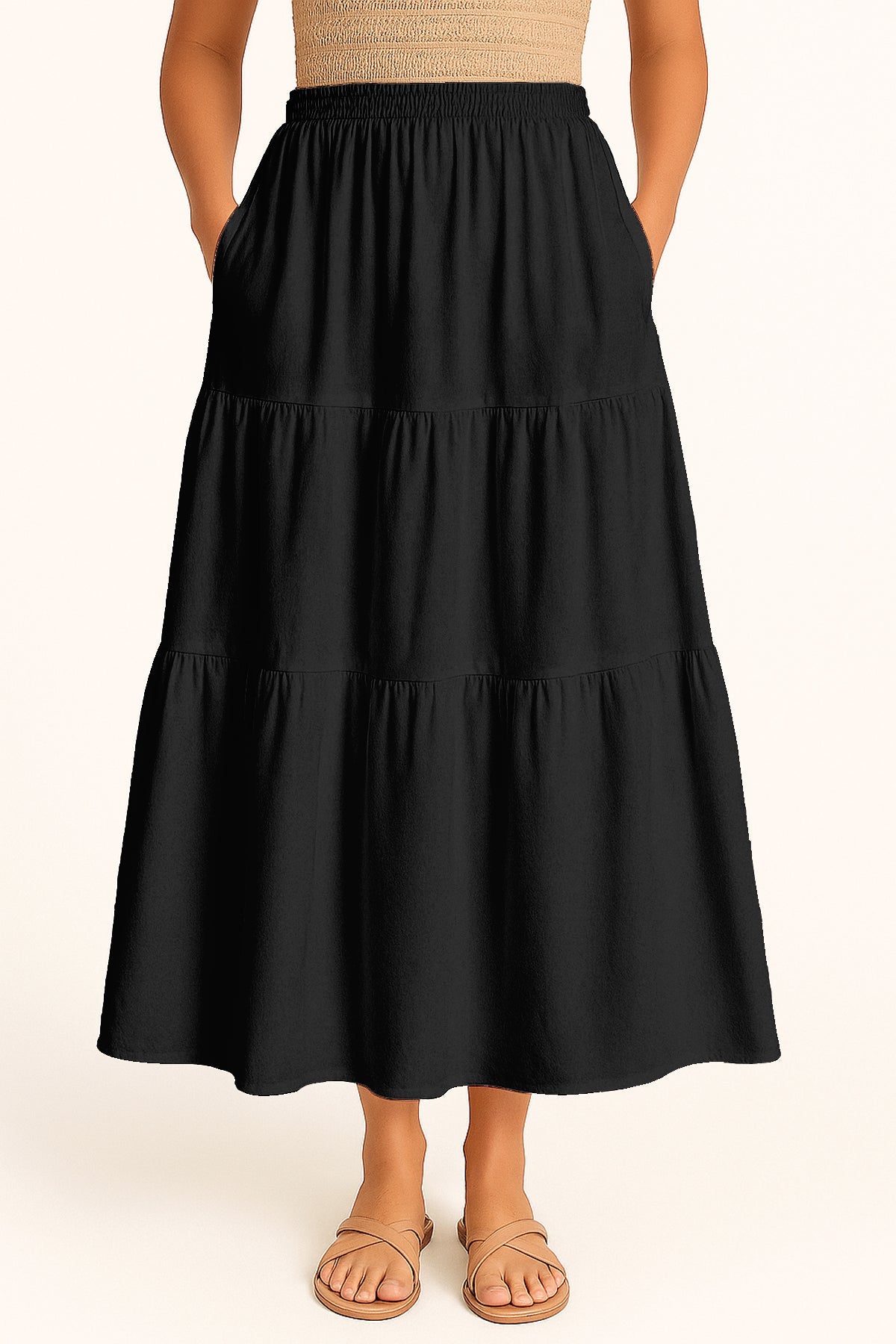 Moomaya Women's Elastic Waist Skirt | Solid Bohemian Style Rayon Maxi with Side Pockets | Tiered Flowy Skirt with Pockets
