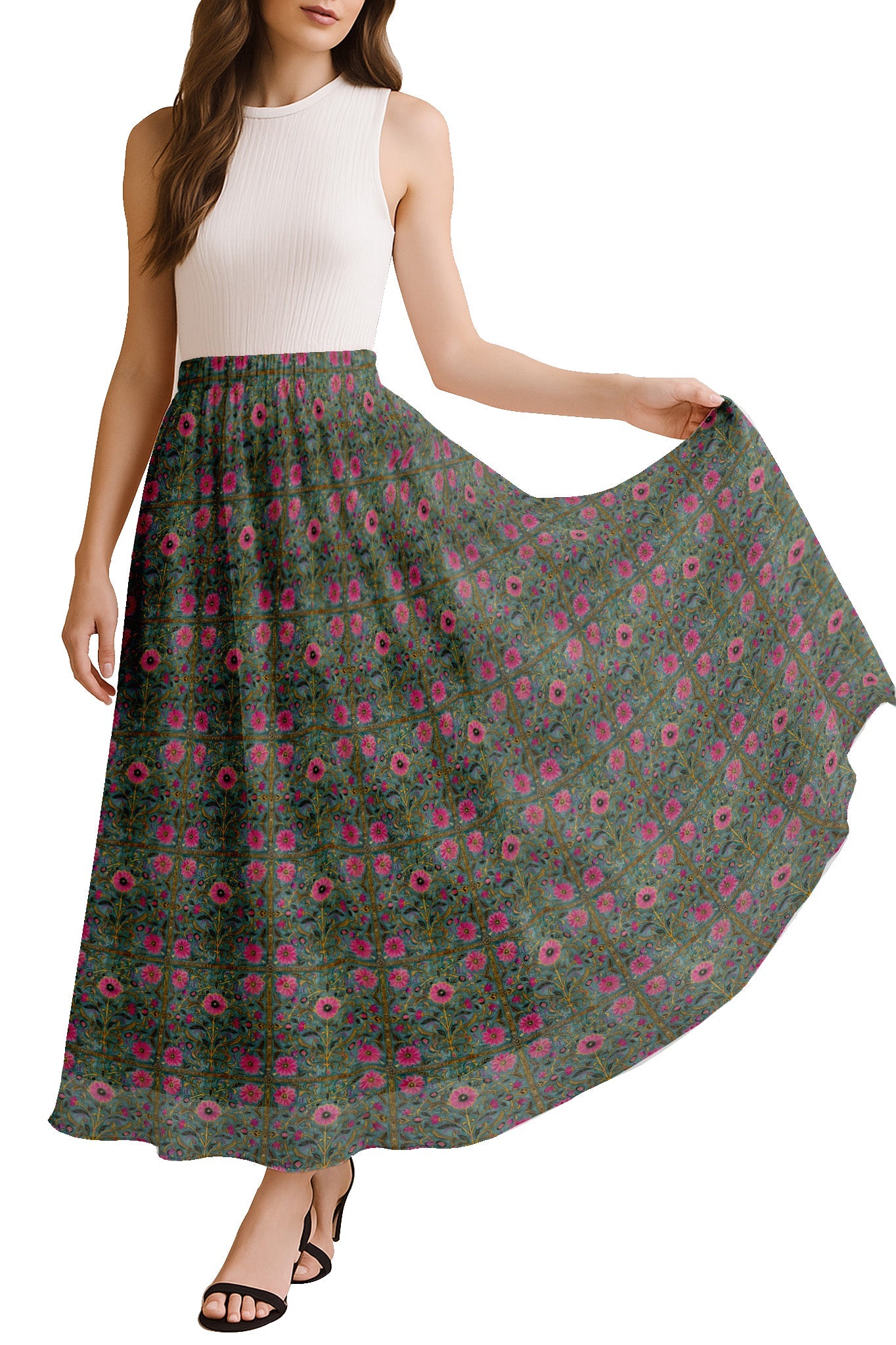 Women's Maxi Skirt with Lining - 40" Summer Outfits, High Waist Flowy Skirt