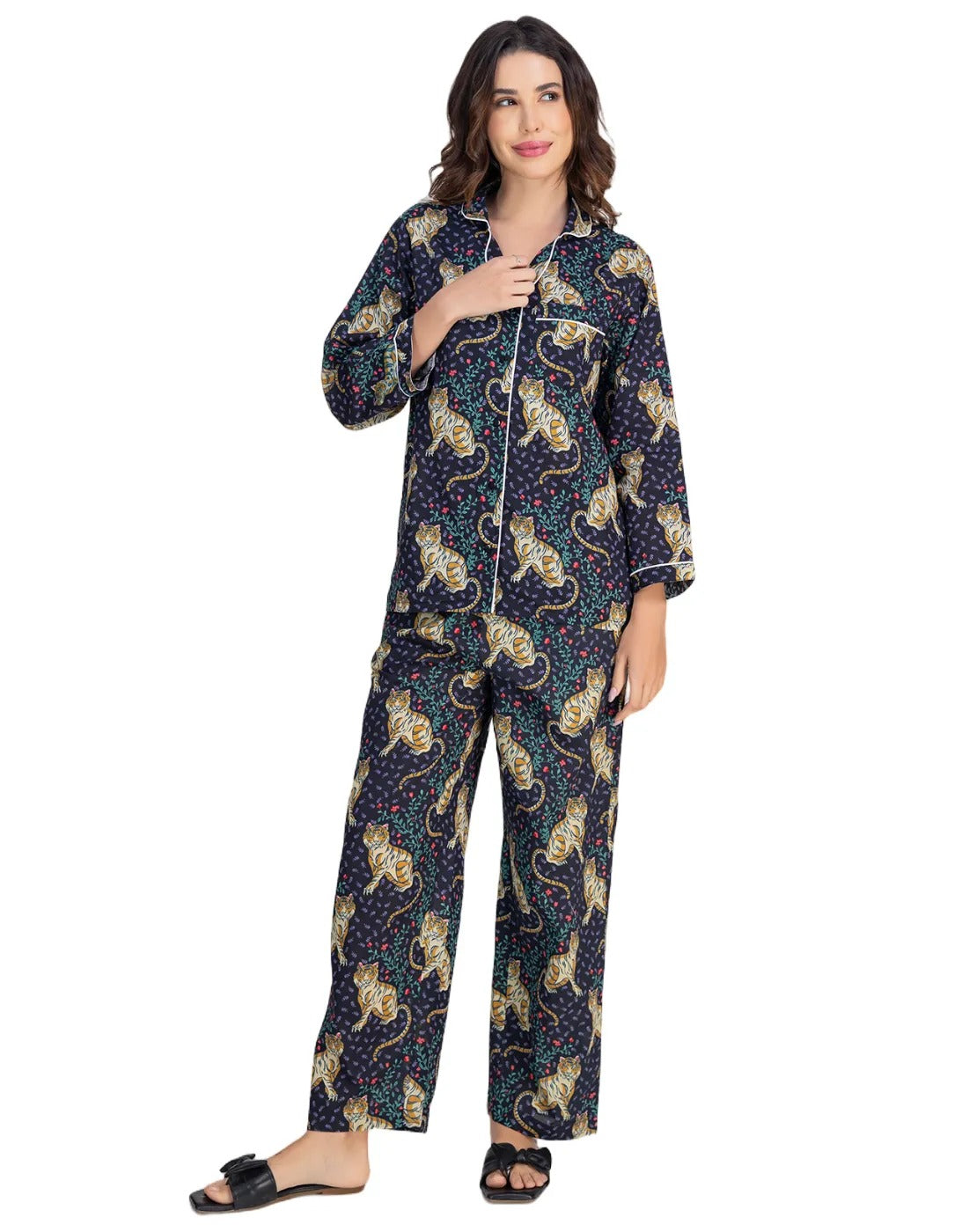 Moomaya Women's Cotton Printed Shirt & Pajama Nightwear Set