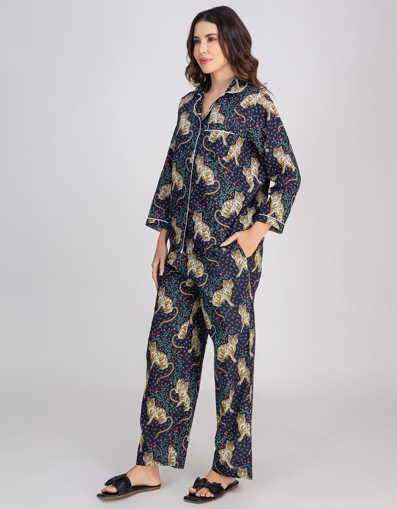Moomaya Women's Cotton Printed Shirt & Pajama Nightwear Set