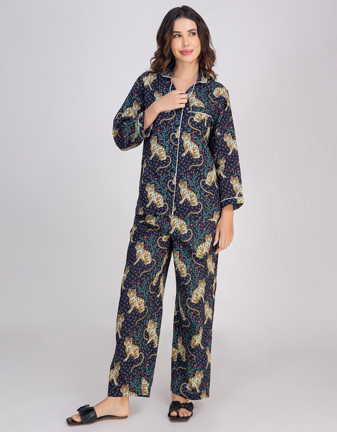 Moomaya Women's Cotton Printed Shirt & Pajama Nightwear Set