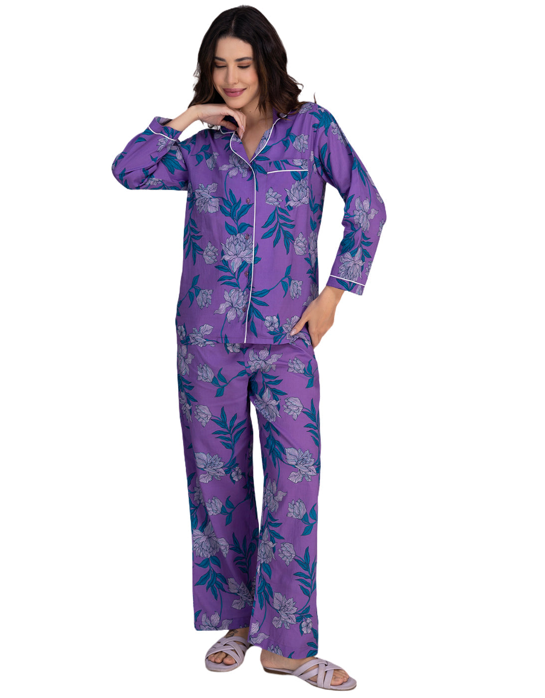Moomaya Women's Cotton Printed Shirt & Pajama Nightwear Set