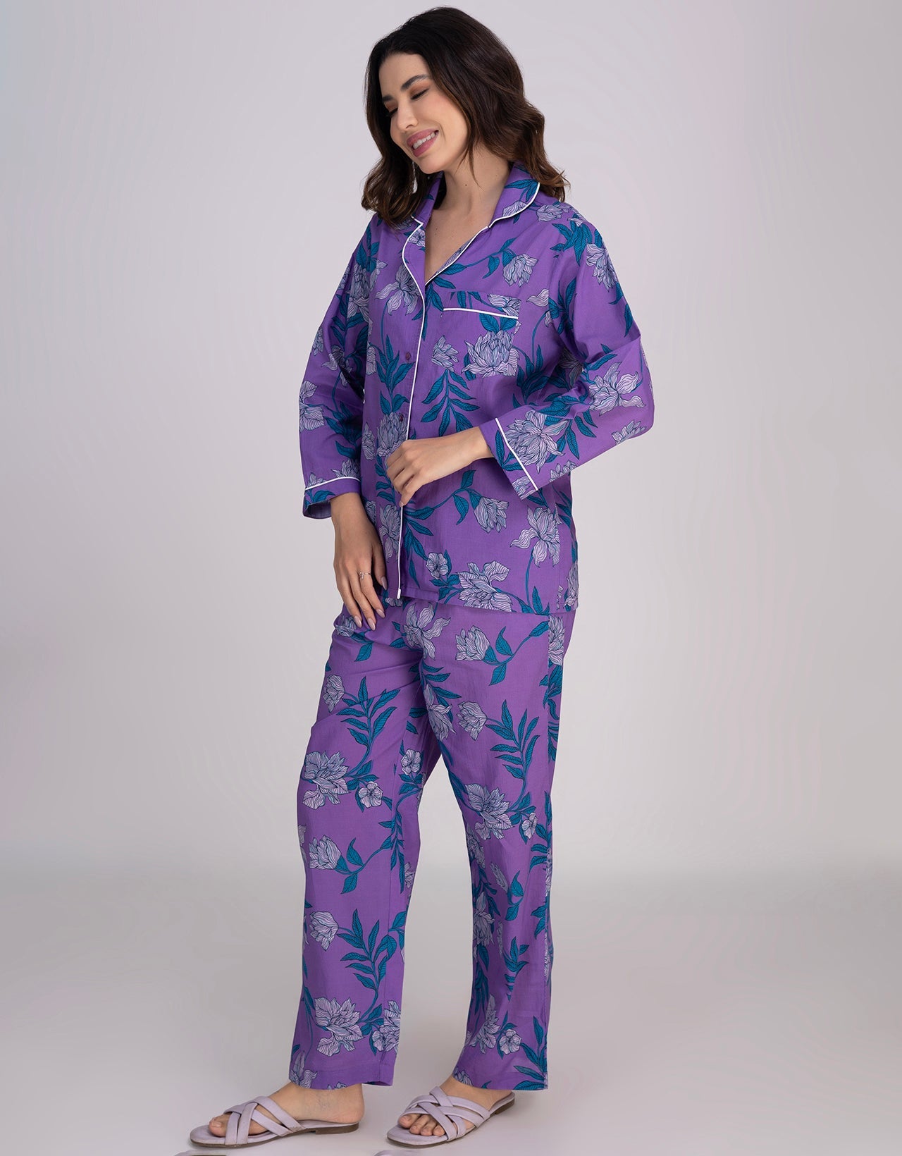Moomaya Women's Cotton Printed Shirt & Pajama Nightwear Set