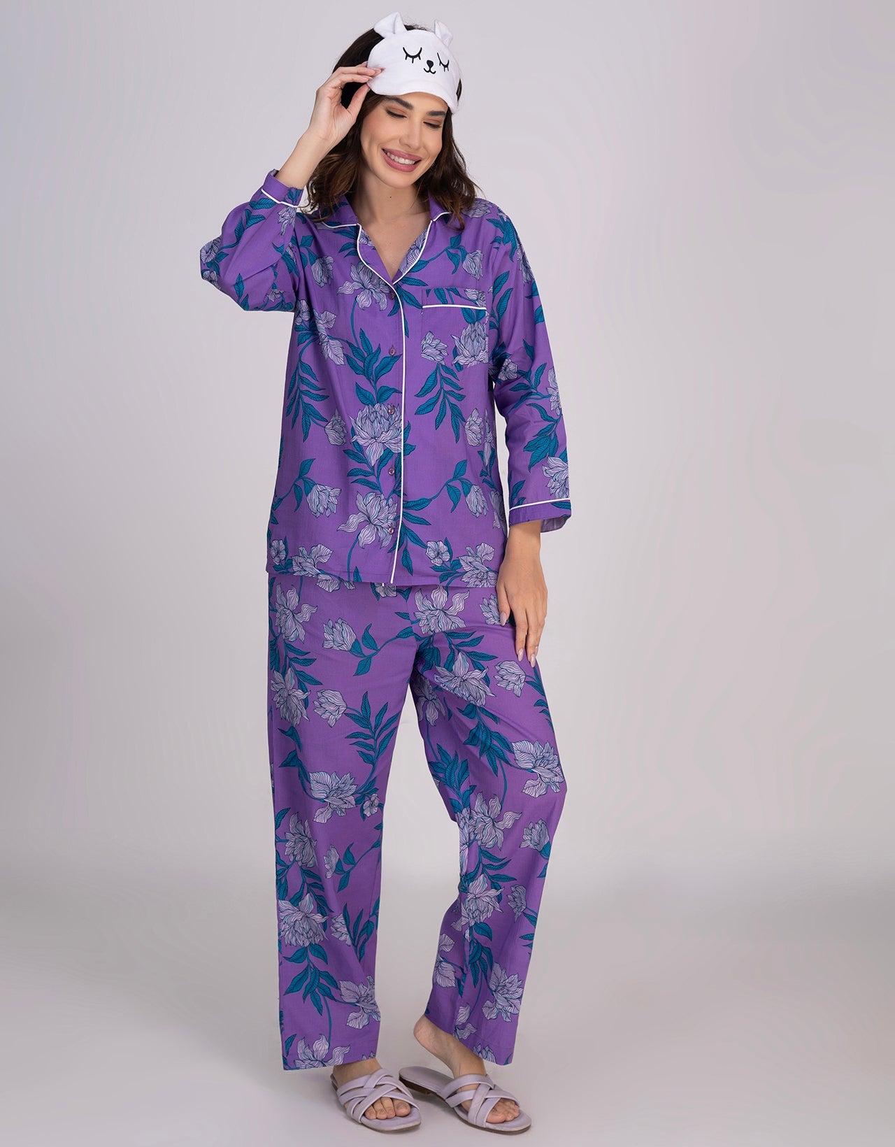 Moomaya Women's Cotton Printed Shirt & Pajama Nightwear Set